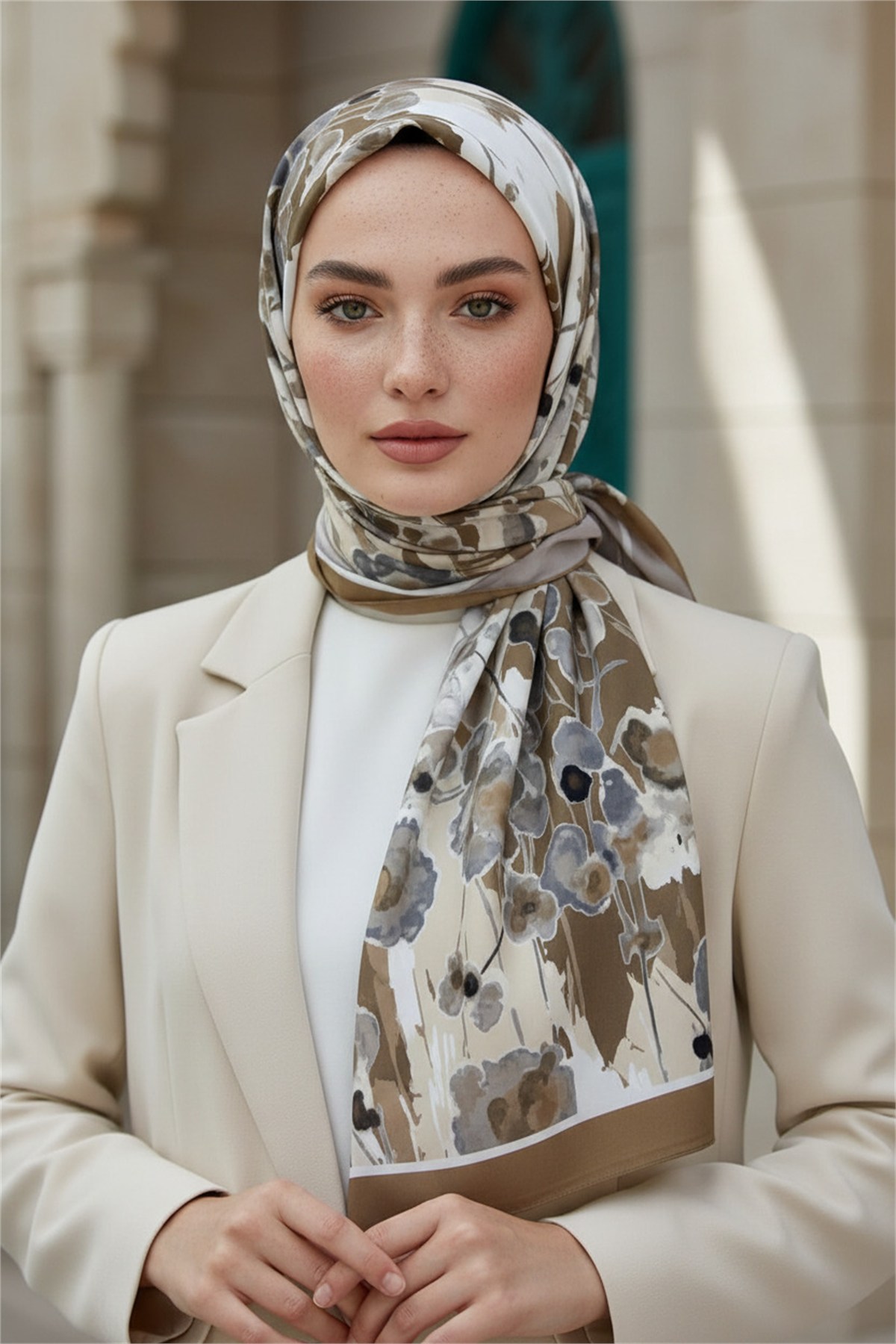 KREP BAHAR DALI DESENLİ BEJ RENKLİ 75X195 KIRIŞMAZ ŞAL