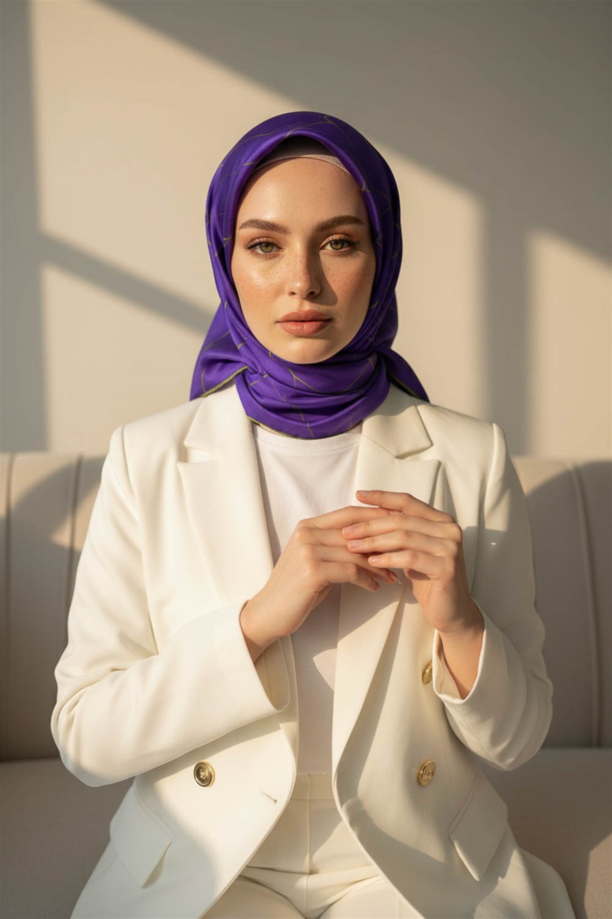 %100 Twill İpek Çizgi Desenli Mor - Haki Renkli 90x90 Eşarp Dikim Şekli : El Dikişi