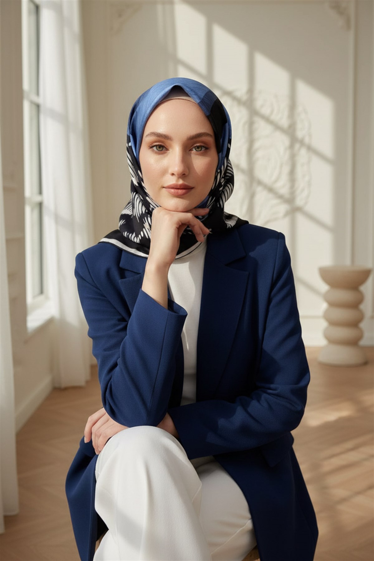 %100 Twill İpek Kazayağı Desenli İndigo - Lacivert Renkli 90x90 Eşarp Kenar Dikiş Şekli El Dikişli