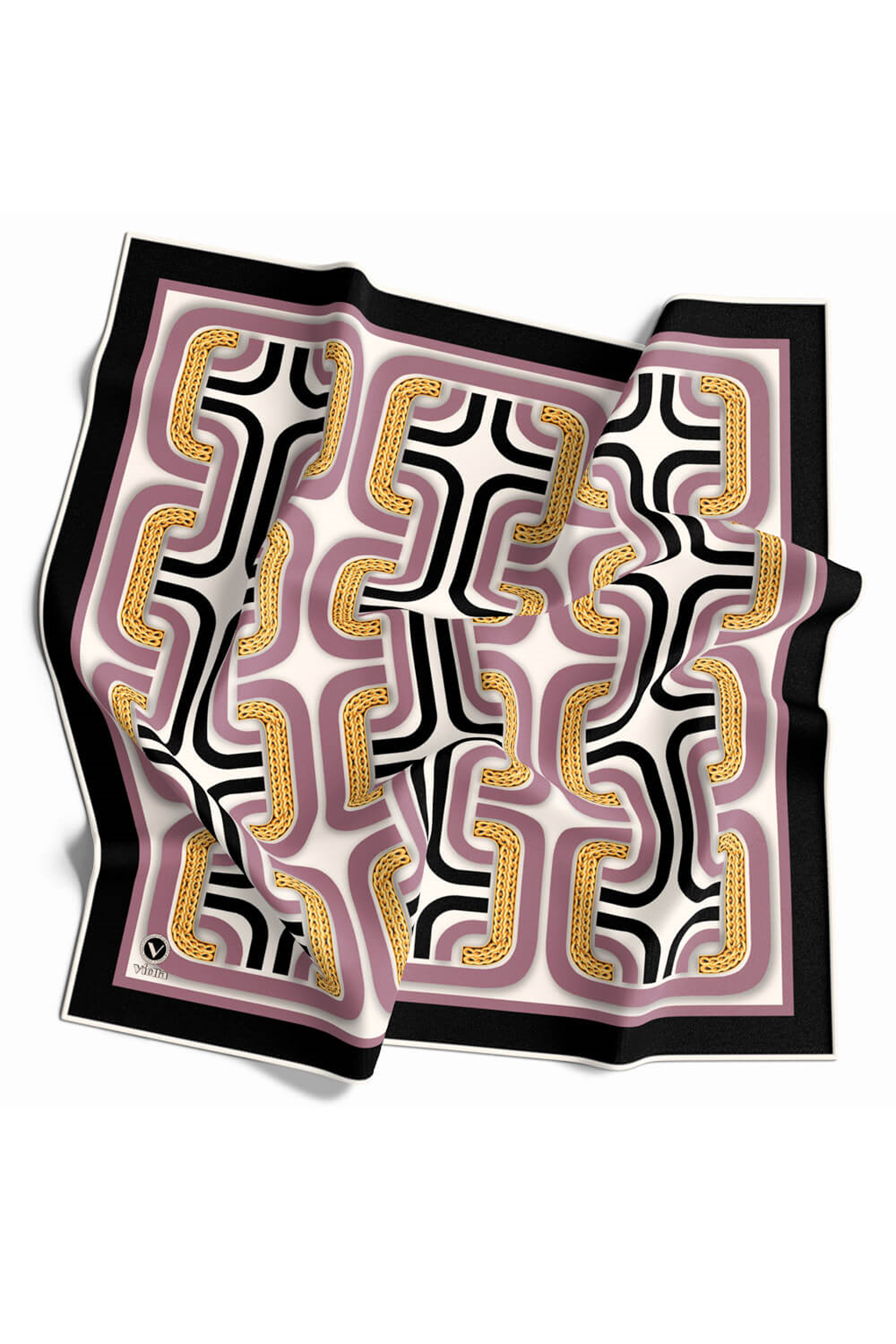 Twill Geometrik Zincir Desenli Pembe Renkli 90x90 Eşarp (İpek İçermez) Kenar Dikiş Şekli El Dikişli