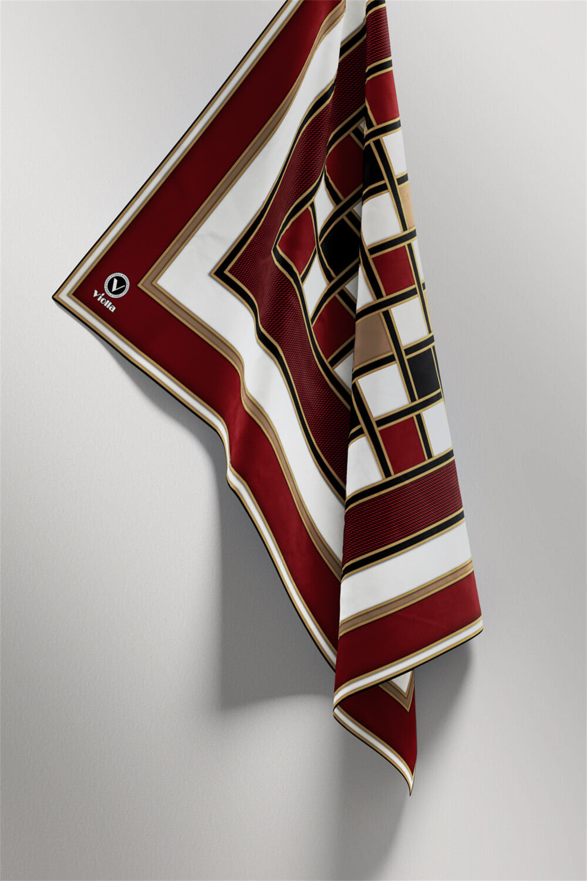 Twill Kare Desenli Bordo - Siyah Renkli 90x90 Dikim Şekli : El Dikişi Eşarp (İpek İçermez)