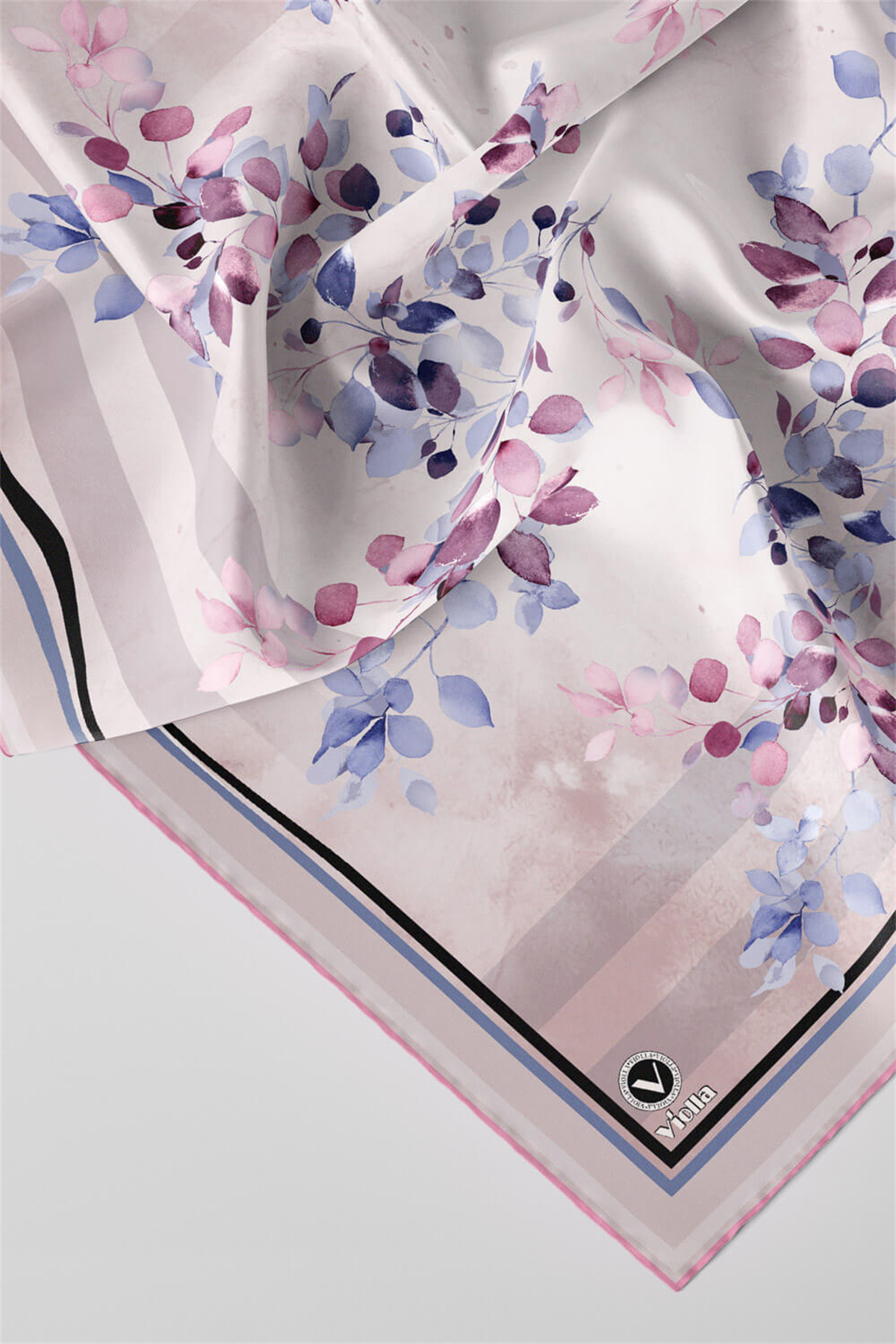 Twill Çiçek Desenli Pembe Renkli 90x90 Eşarp (İpek İçermez) Kenar Dikiş Şekli El Dikişli