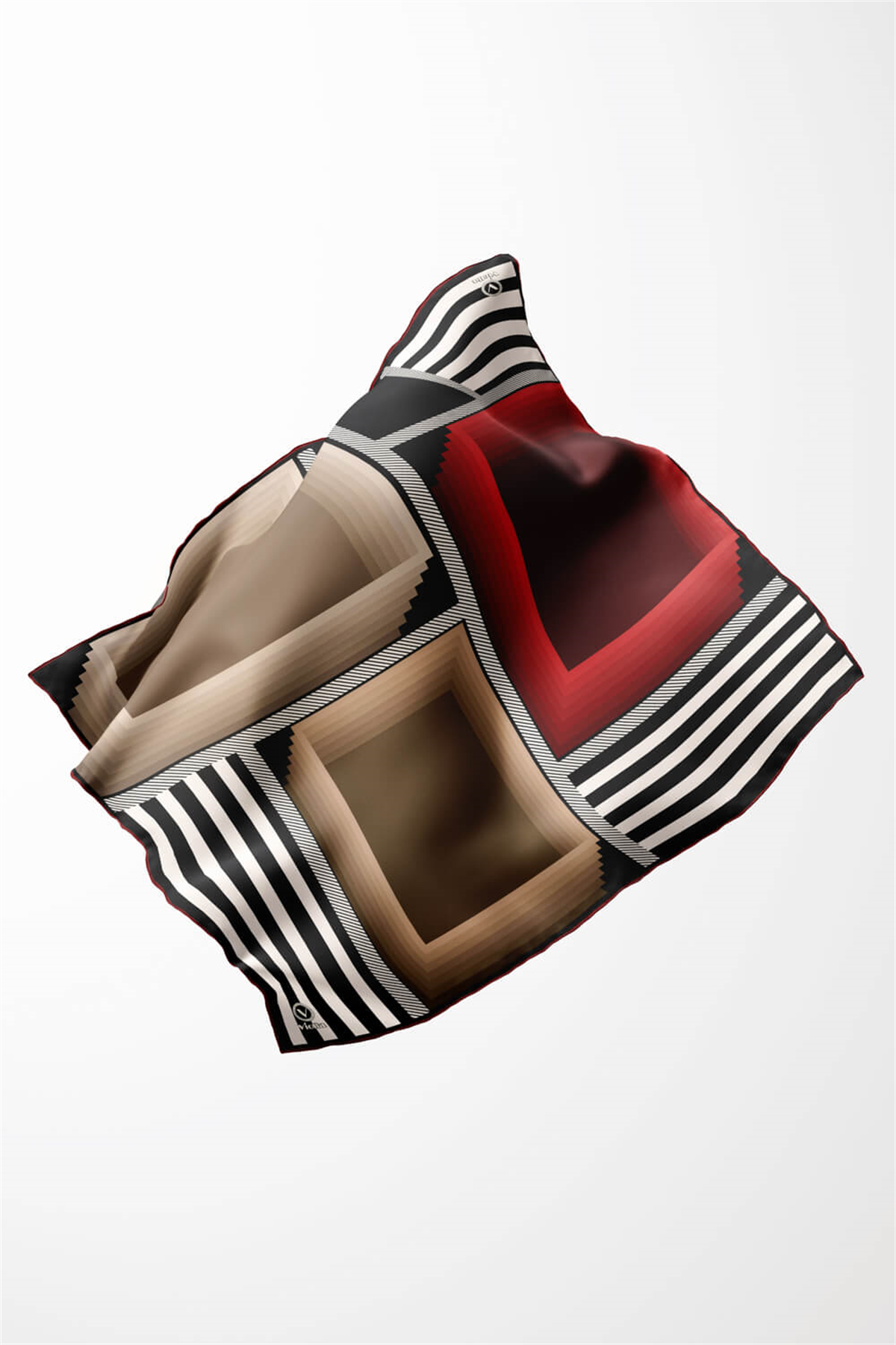 Twill Geometrik Desenli Bordo Renkli 90x90 Eşarp (İpek İçermez) Kenar Dikiş Şekli El Dikişli