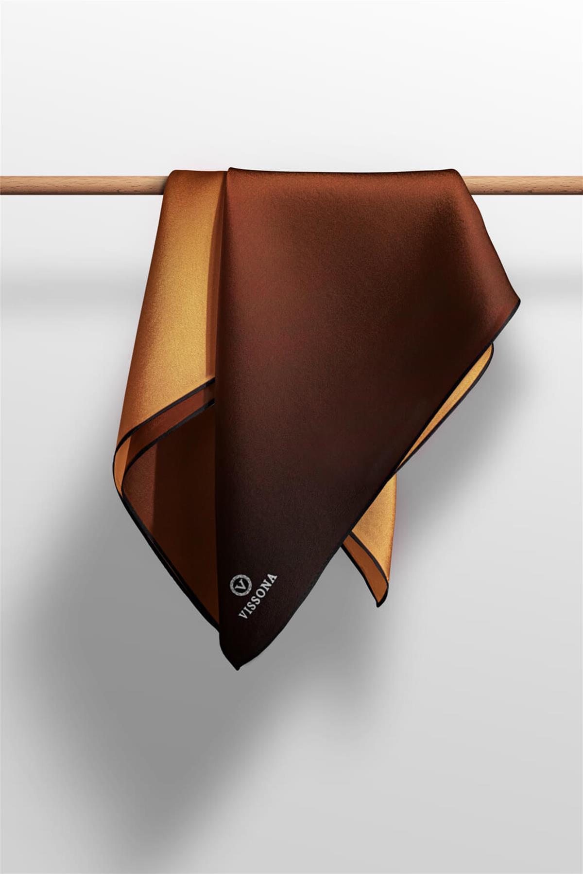 %100 Twill İpek Degrade Desenli Taba Renkli 90x90 Eşarp Dikim Şekli : El Dikişi