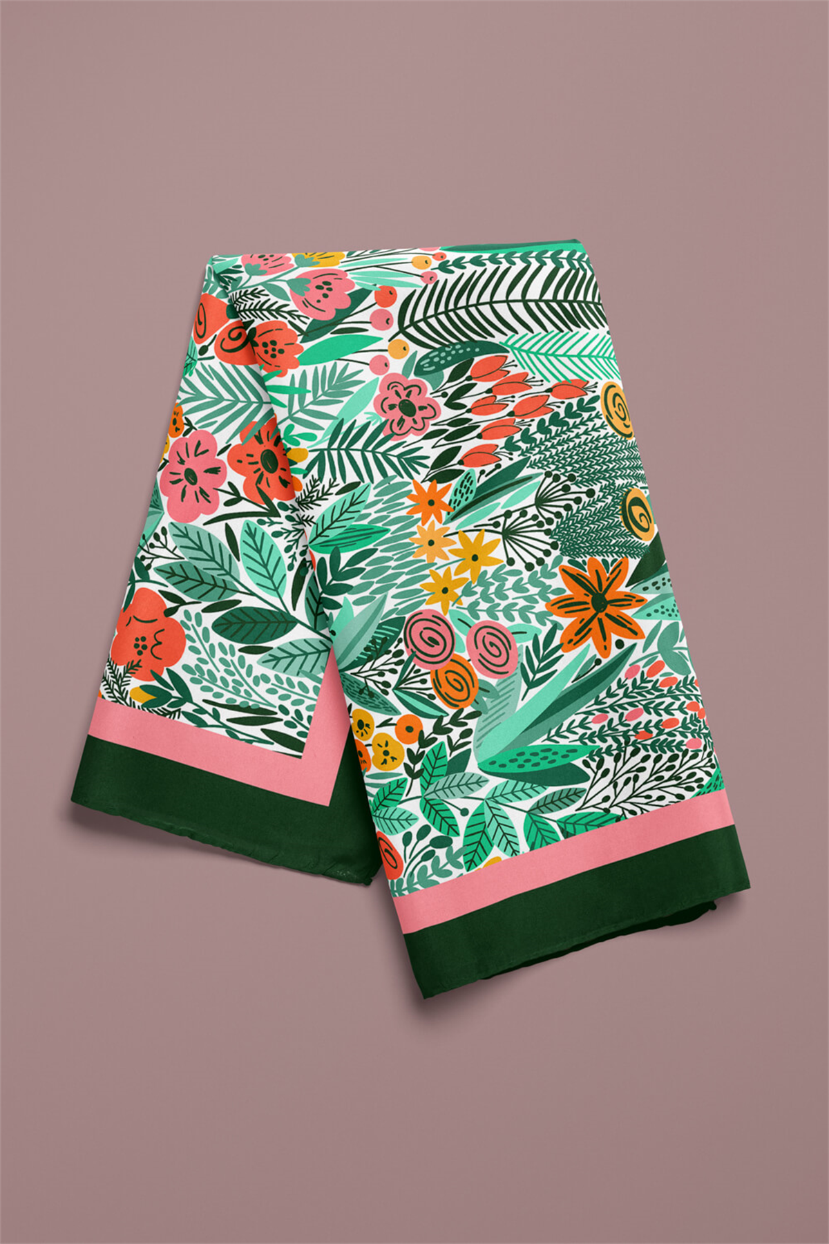 A44 Kadın Yeşil Greenery Desenli 50x50 Bandana HYL DG0720-22