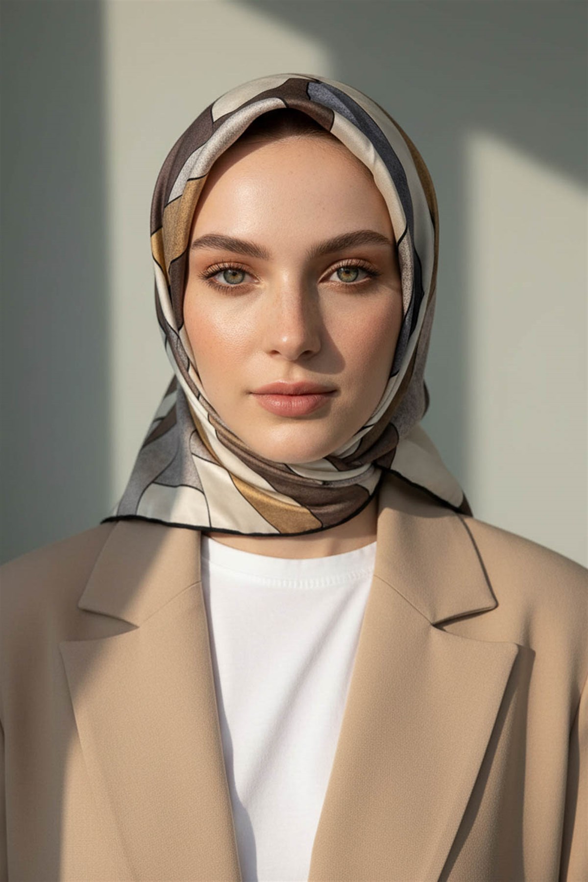 %100 Twill İpek Geometrik Desenli Bej - Gri Renkli 90x90 Eşarp Dikim Şekli : El Dikişi