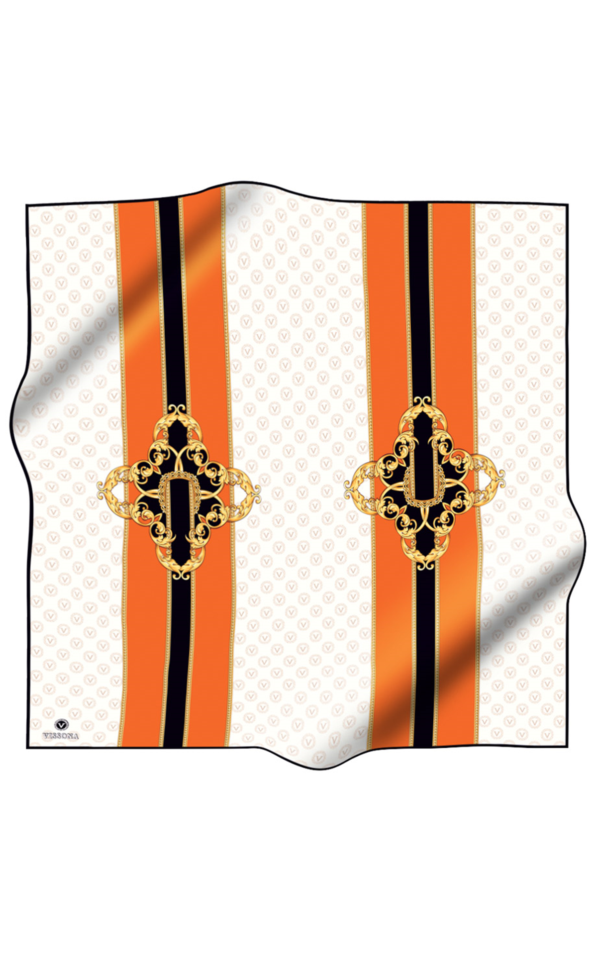 %100 Twill İpek Monogramlı Ve Barok Desenli Turuncu - Gold Renkli 90x90 Eşarp Dikim Şekli : El Dikişi