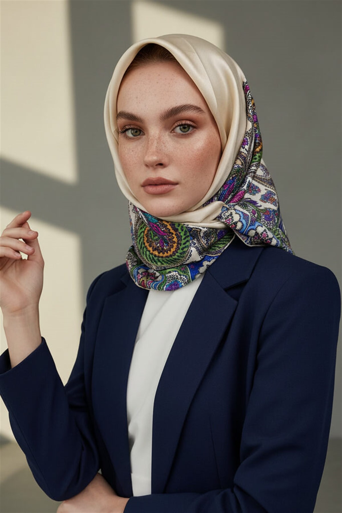 100% Twill İpek Etnik Desenli Krem Renkli 90x90 Dikim Şekli : El Dikişi Eşarp