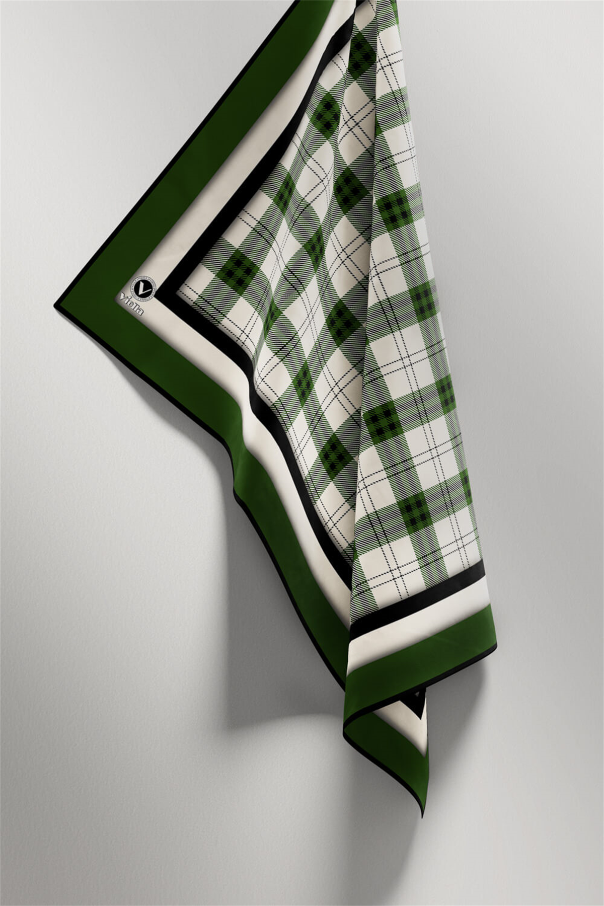 Twill Ekose Desenli Zümrüt Yeşili Renkli 90x90 Eşarp (İpek İçermez) Kenar Dikiş Şekli El Dikişli