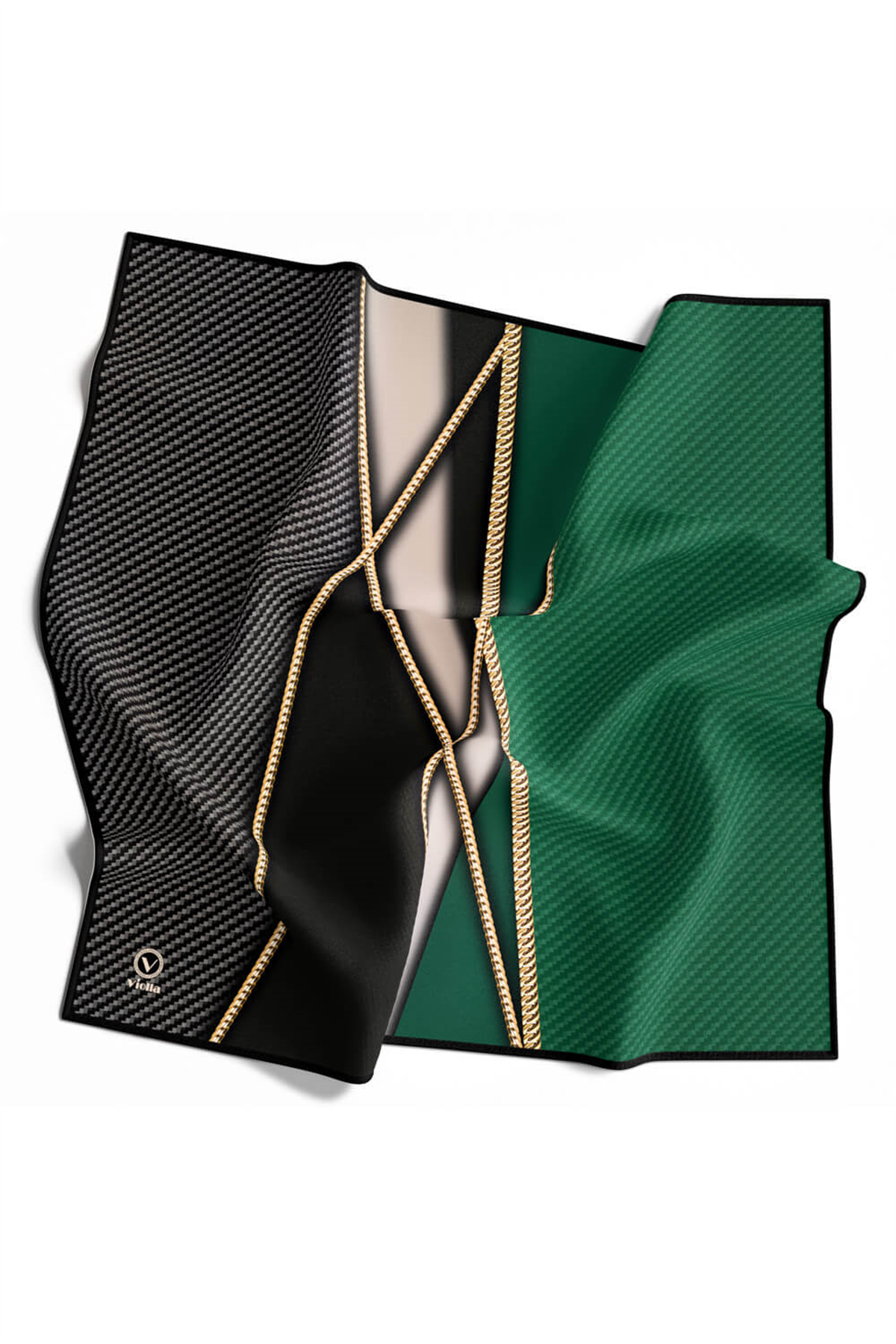 Rayon Gold Detaylı Geometrik Desenli Zümrüt Yeşili Renkli 90x90 Eşarp (İpek İçermez) Kenar Dikiş Şekli El Dikişli