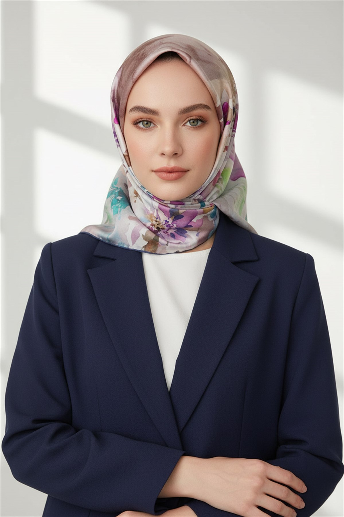 %100 Twill İpek Çiçek  Desenli Lacivert Renkli 90x90 Eşarp Dikim Şekli : El Dikişi