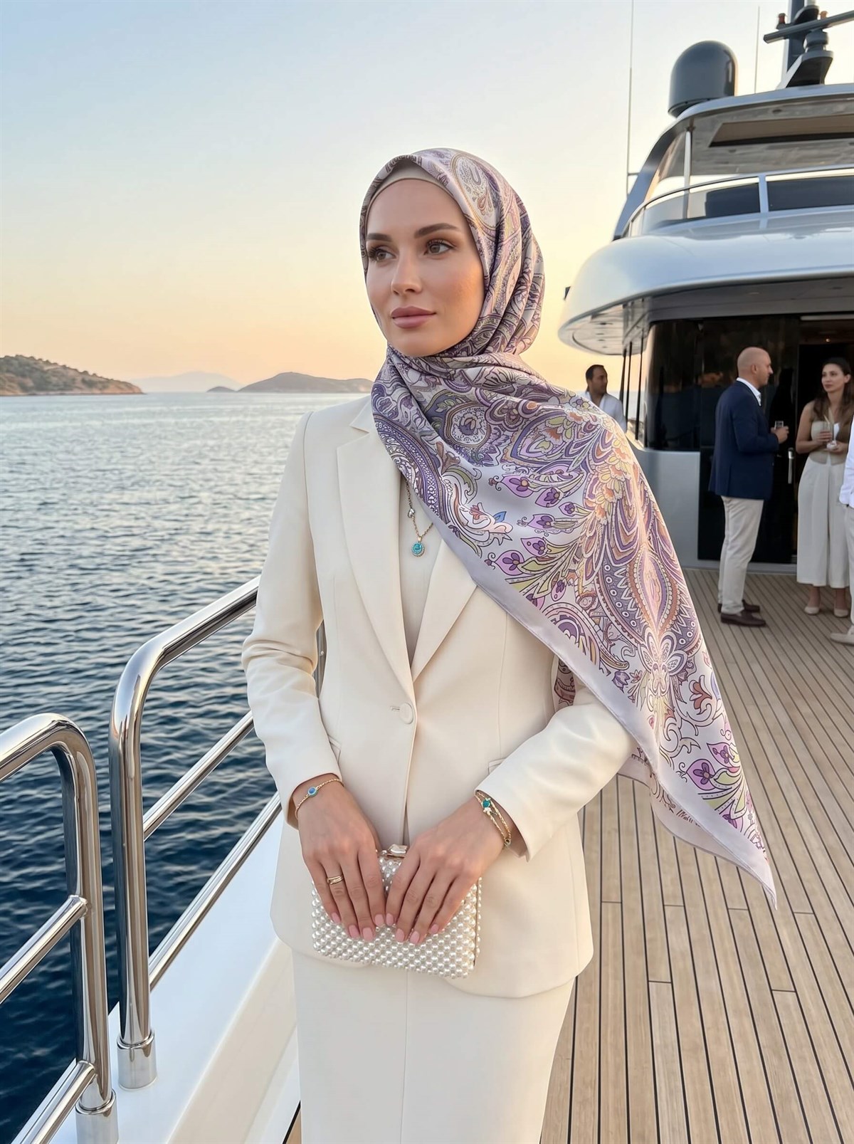 %100 Saf İpek Şal İnce Saten Vual Dokuma Etnik Desenli Gri - Pembe Renkli 90x210 Şal