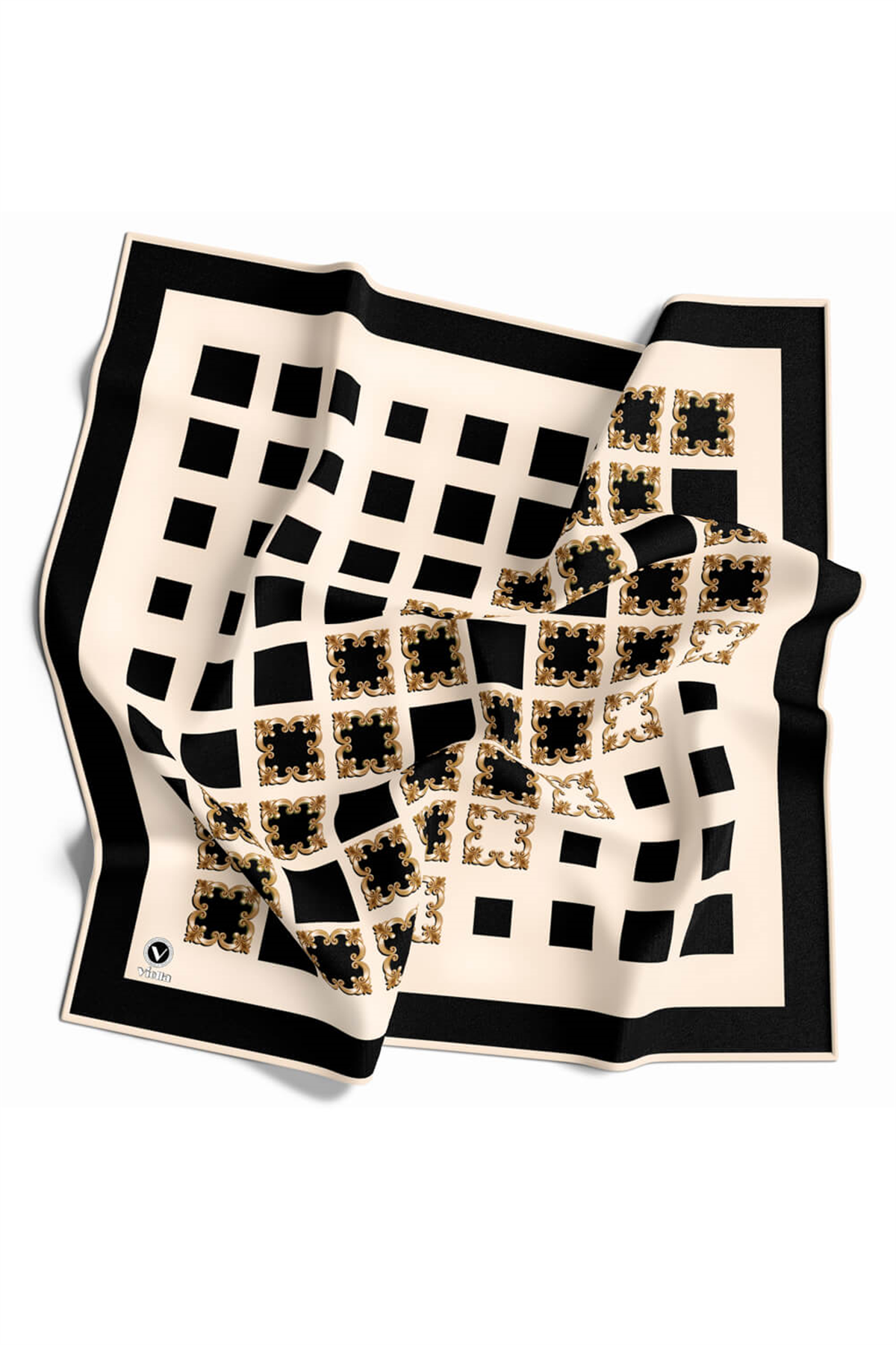 Twill Gold Detaylı Kare Desenli Siyah - Krem Renkli 90x90 Eşarp (İpek İçermez) Kenar Dikiş Şekli El Dikişli