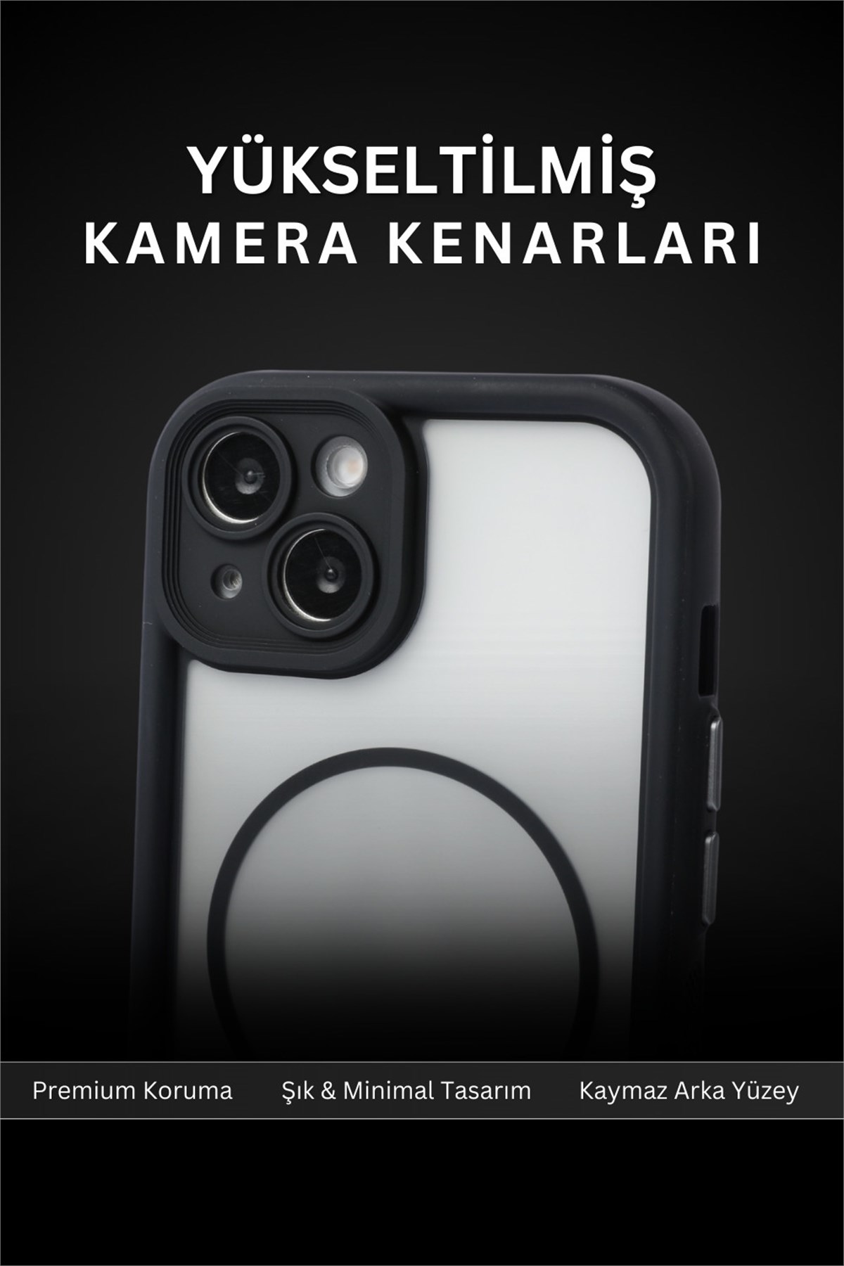iPhone 15 Kılıf – Kamera Korumalı – MagSafe Uyumlu – Siyah Renk – Mat Silikon Telefon Kılıfı