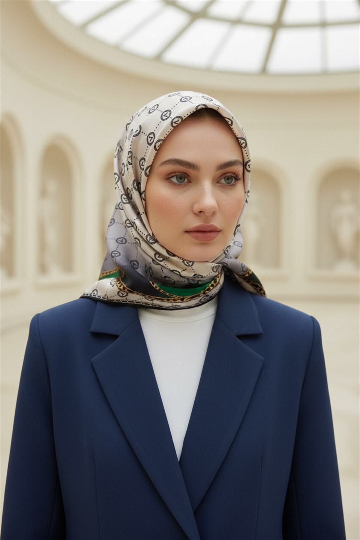%100 Twill İpek Zincirli Ve Monogram Desenli Krem - Zümrüt Yeşili Renkli 90x90 Eşarp Dikim Şekli : El Dikişi