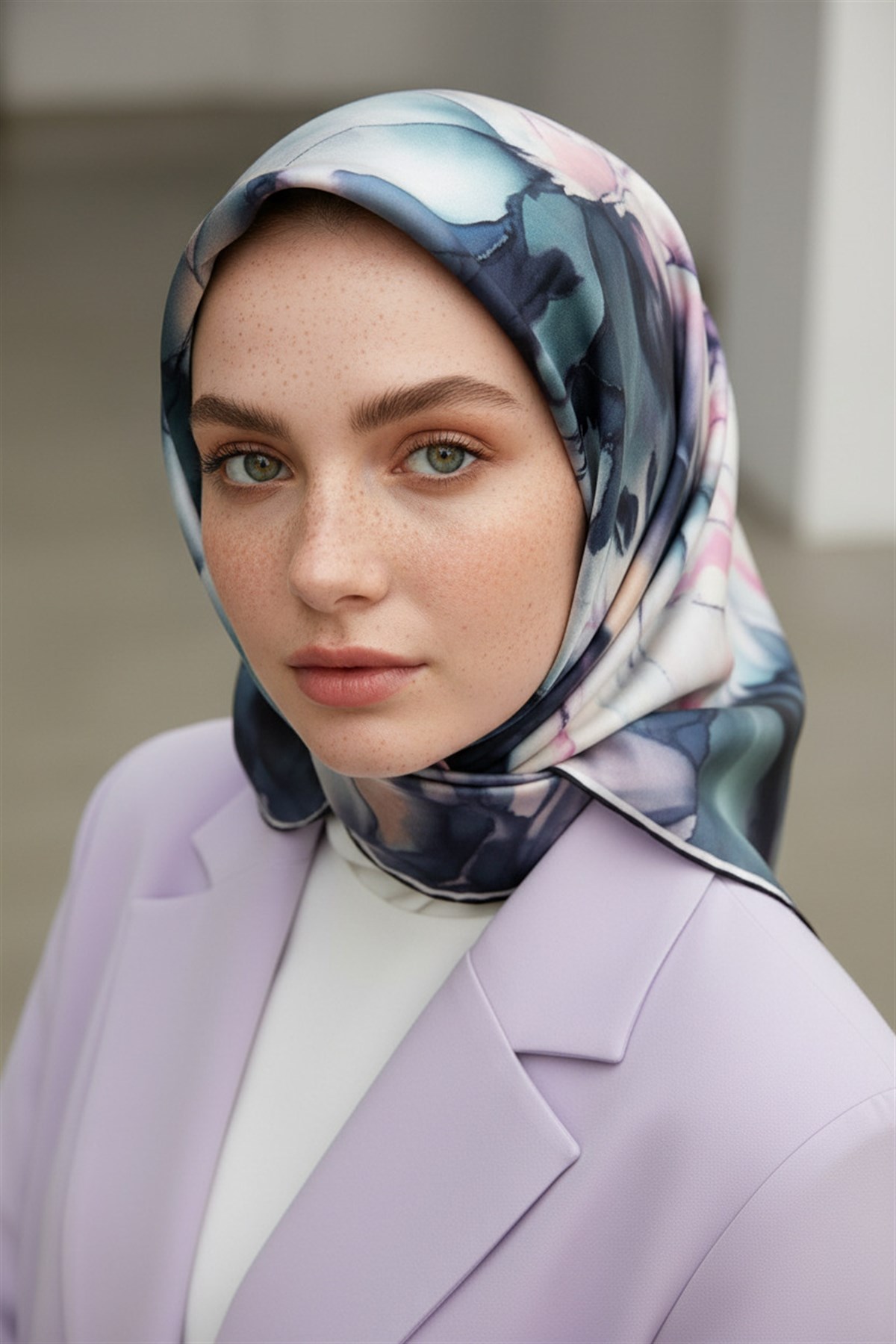 % 57 İPEK % 43 VİSKON Twill İpek Batik Çiçek Desenli Petrol Yeşili - Lila Renkli 90x90 Eşarp Kenar Dikiş Şekli El Dikişli