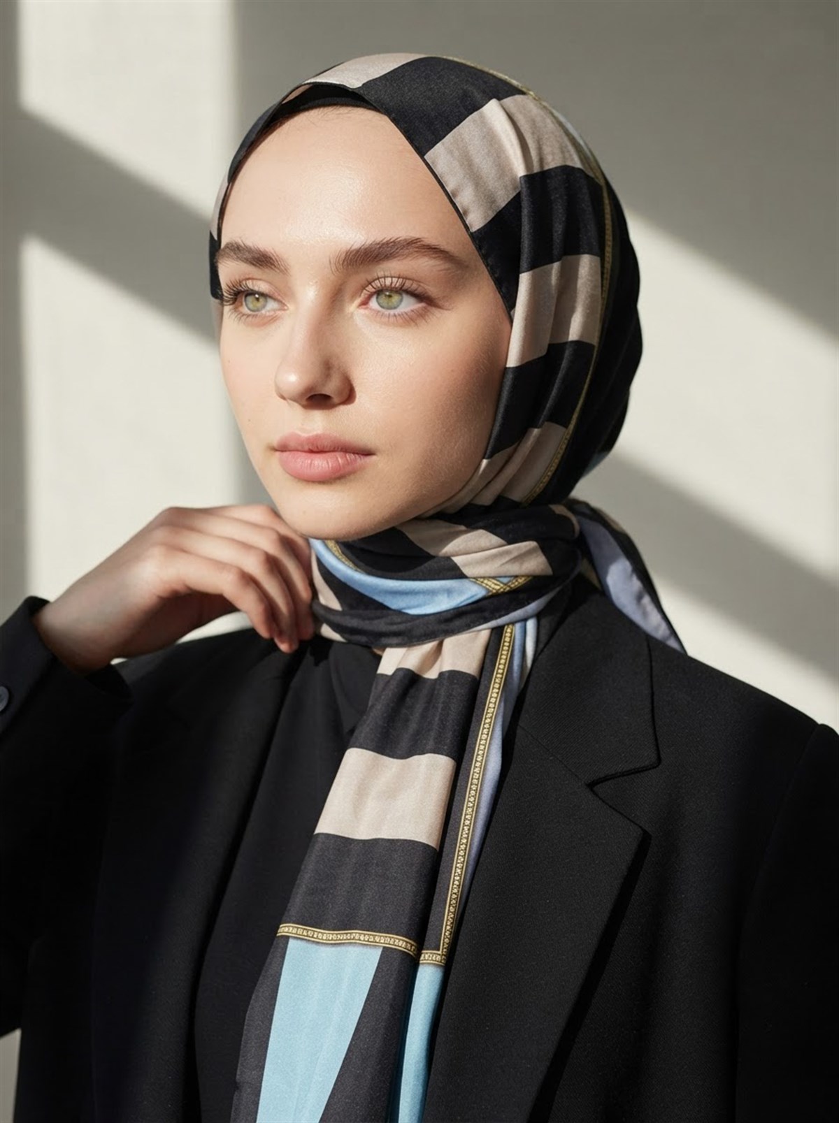 %100 Saf İpek Şal İnce Saten Vual Dokuma Şerit Ve Varak Desenli Su Yeşili - Bebe Mavisi Renkli 90x210 Şal