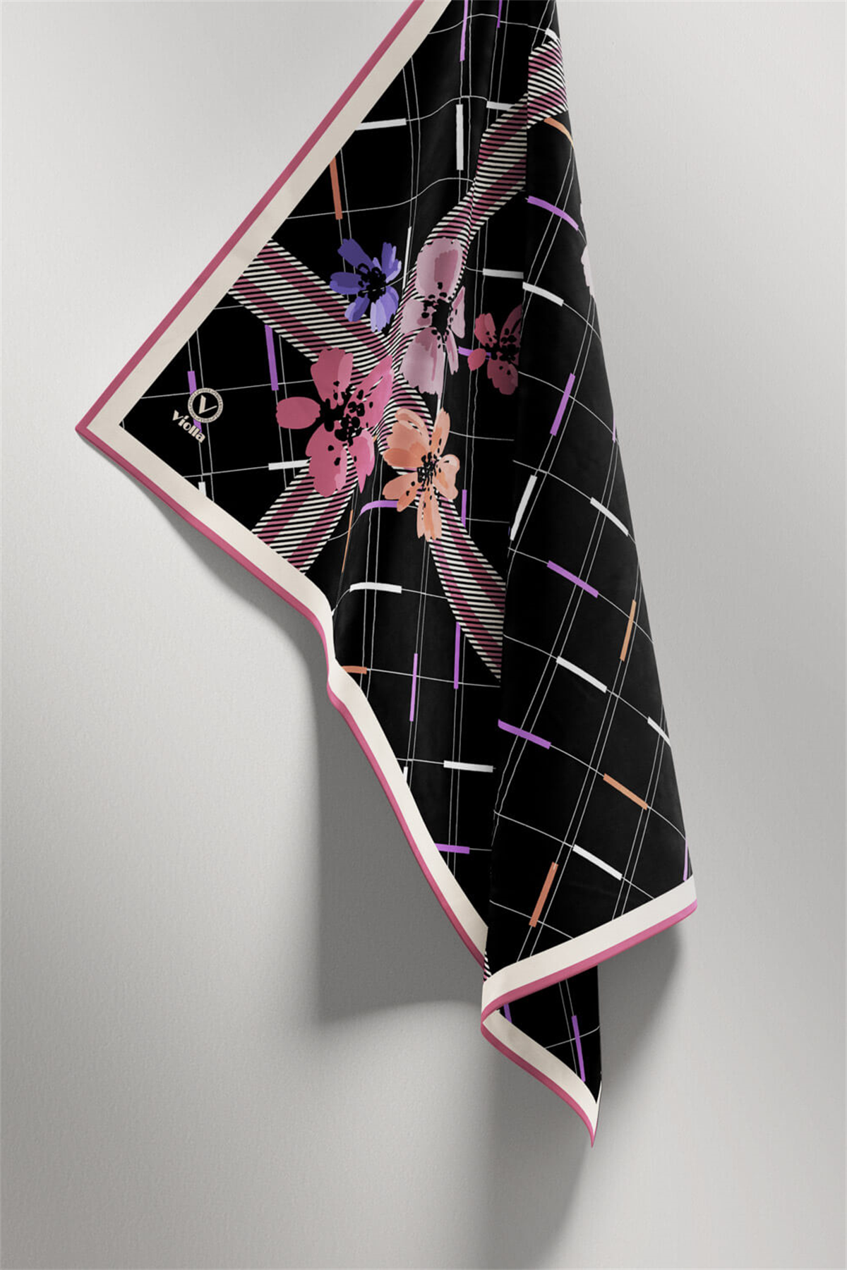 Twill Papatya Desenli Pembe Renkli 90x90 Eşarp (İpek İçermez) Kenar Dikiş Şekli El Dikişli