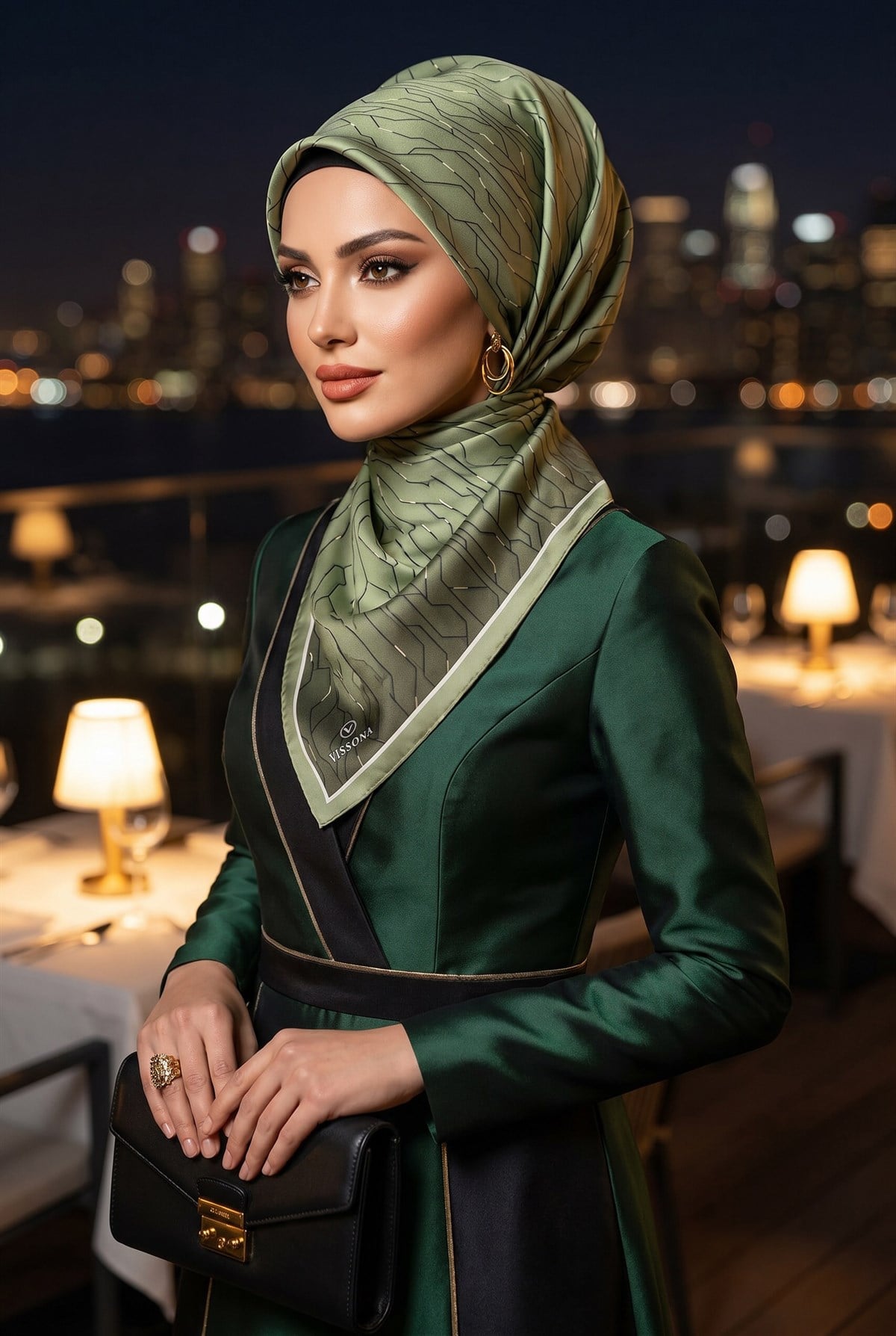 %100 Twill İpek Geometrik Desenli Fıstık Yeşili Renkli 90x90 Eşarp Dikim Şekli : El Dikişi