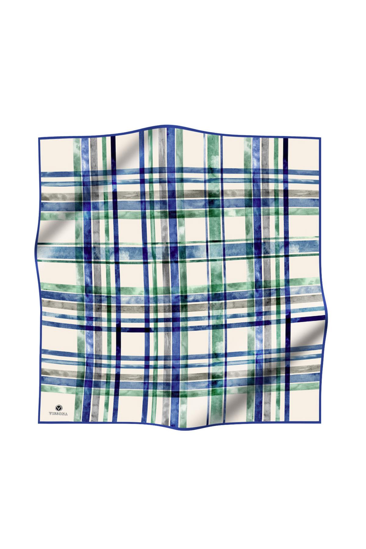 %100 Twill İpek Ekose Desenli Saks - Zümrüt Yeşili Renkli 90x90 Eşarp Kenar Dikiş Şekli El Dikişli