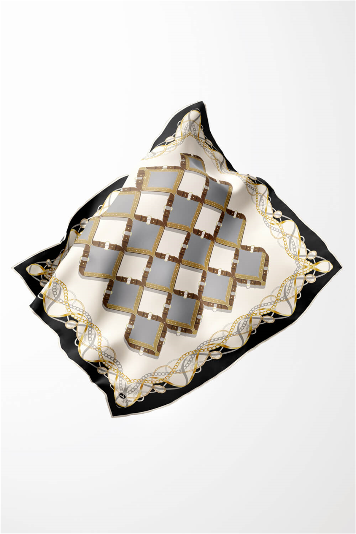 Twill Kemer Ve Zincir Desenli Gri Renkli 90x90 Eşarp (İpek İçermez) Kenar Dikiş Şekli El Dikişli
