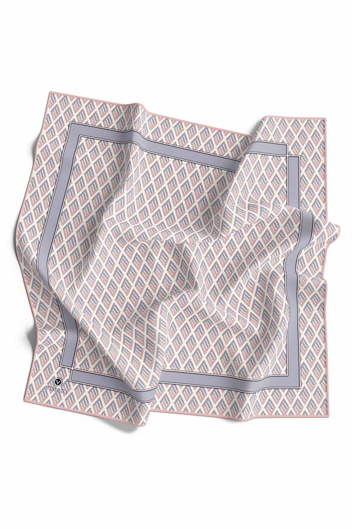 % 57 İPEK % 43 VİSKON Twill İpek Geometrik Desenli Pudra - Gri Renkli 90x90 Eşarp Dikim Şekli : El Dikişi