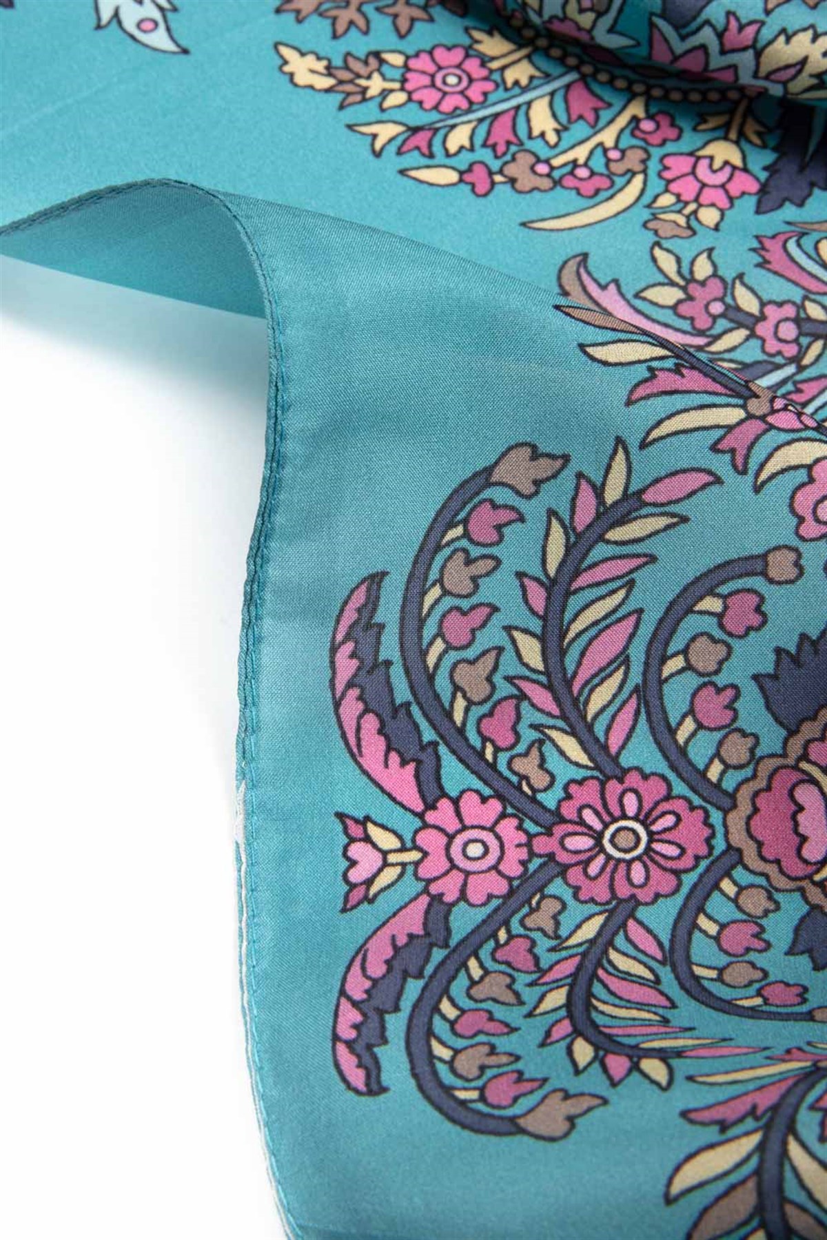 100% İpek Etro Desenli Petrol Yeşili - Pembe Renkli 92x210 Şal