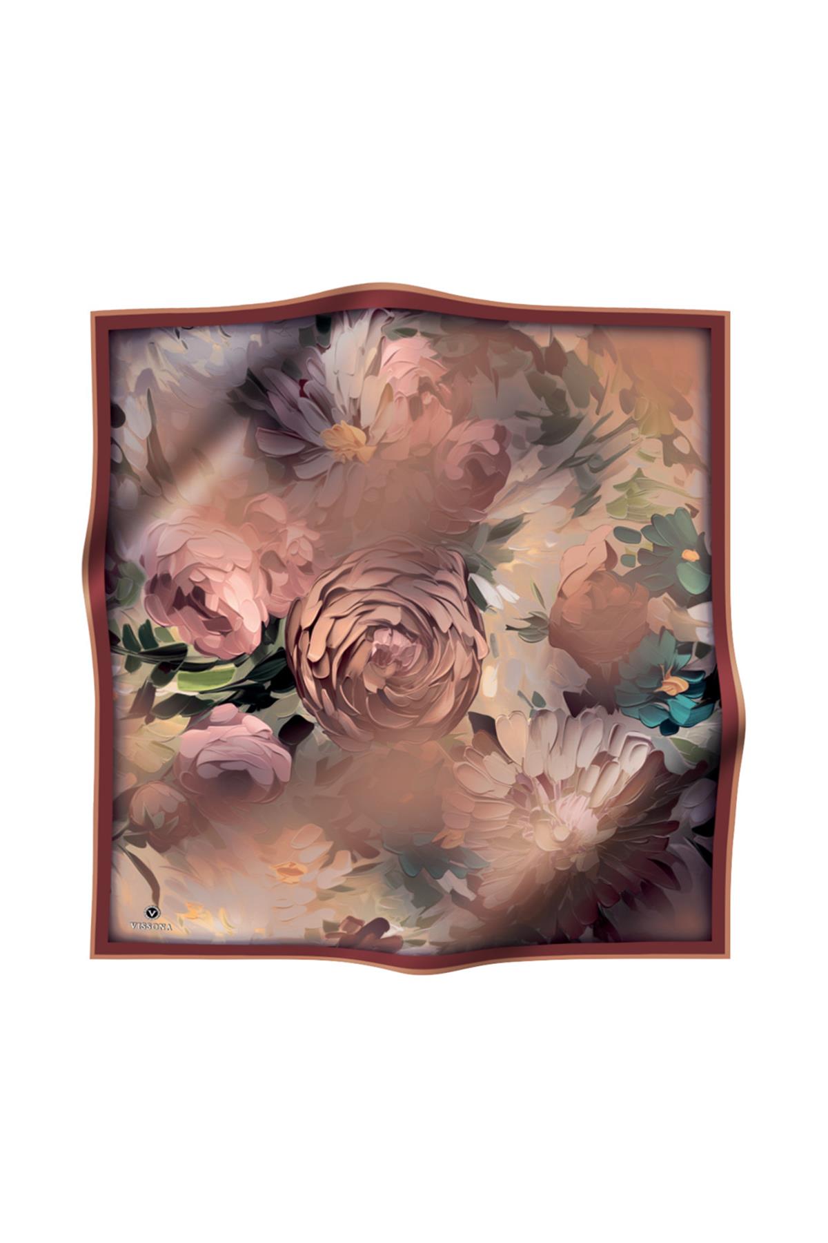 %100 Twill İpek Dumanlı Çiçek Desenli Taba Renkli 90x90 Eşarp Kenar Dikiş Şekli El Dikişli