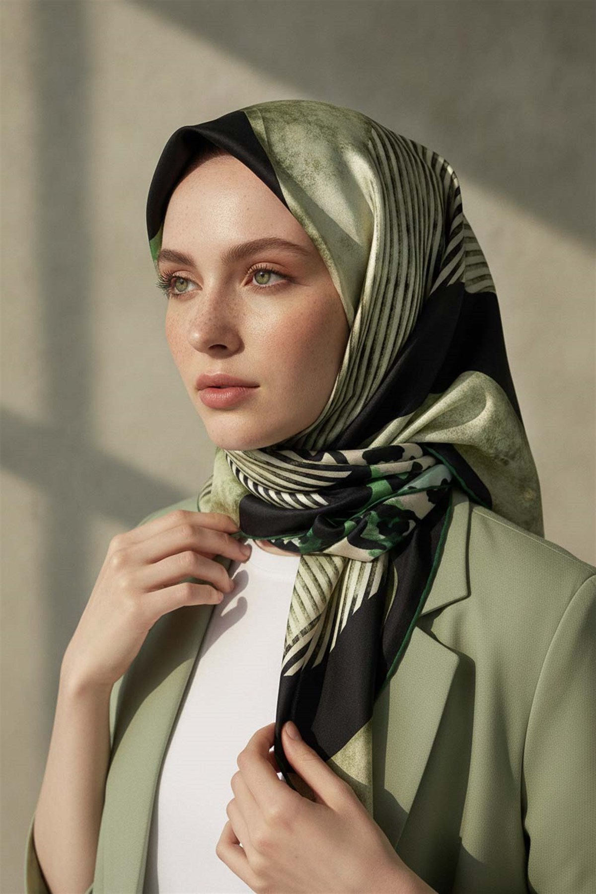 %100 Twill İpek Leopar Ve Geometrik Desenli Zümrüt Yeşili - Haki Renkli 90x90 Eşarp Dikim Şekli : El Dikişi