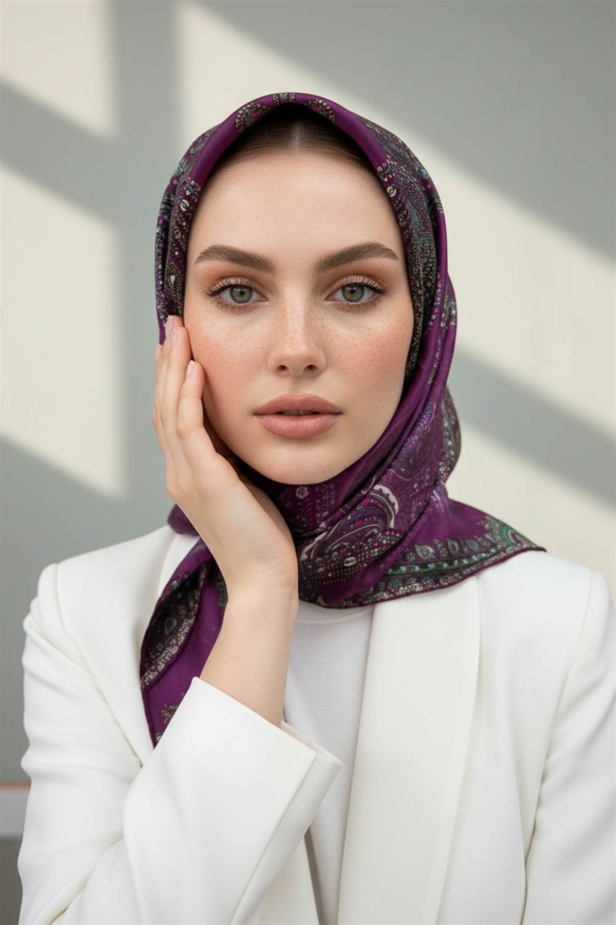 %100 Twill İpek Şal Desenli Mürdüm Renkli 90x90 Eşarp Dikim Şekli : El Dikişi