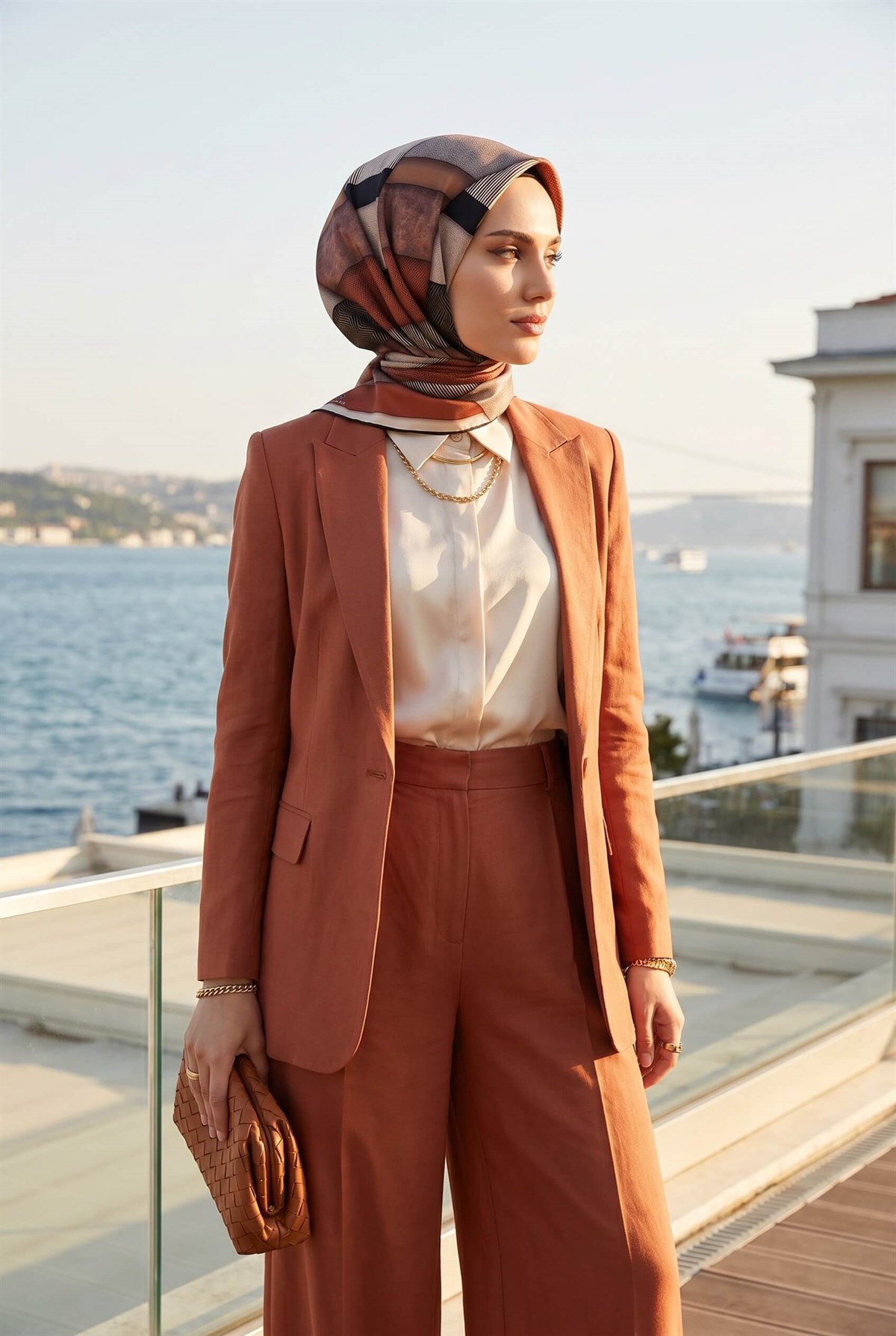 %100 Twill İpek Dokulu ve Geometrik Desenli Taba - Siyah Renkli 90x90 Eşarp Dikim Şekli : El Dikişi