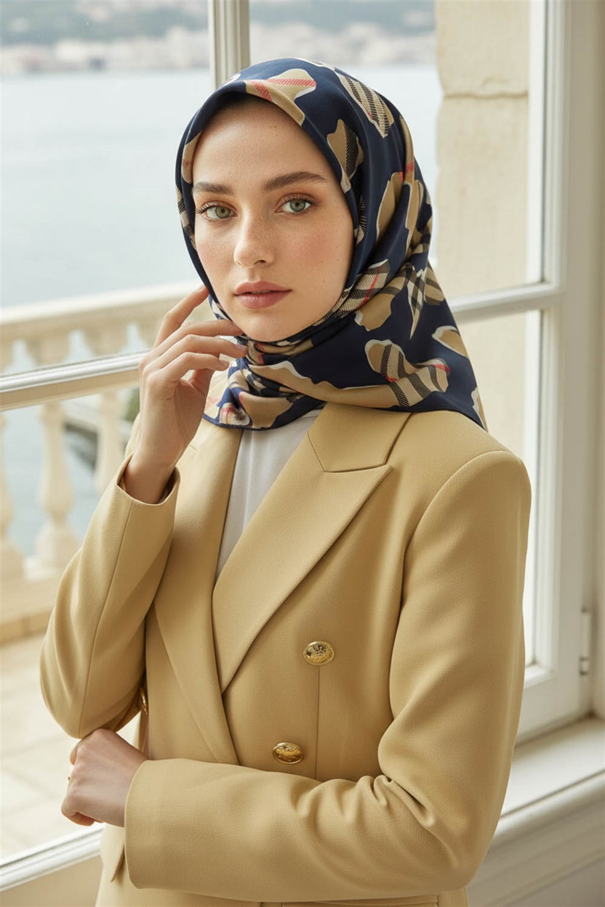 %100 Twill İpek Leopar Desenli Lacivert - Bej Renkli 90x90 Eşarp Dikim Şekli : El Dikişi