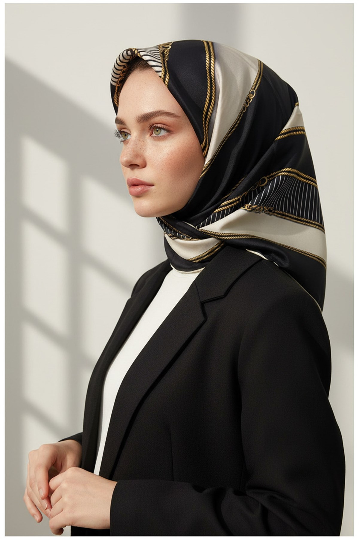 %100 Twill İpek Zincir Detaylı Geometrik Desenli Siyah - Krem Renkli 90x90 Eşarp Dikim Şekli : El Dikişi