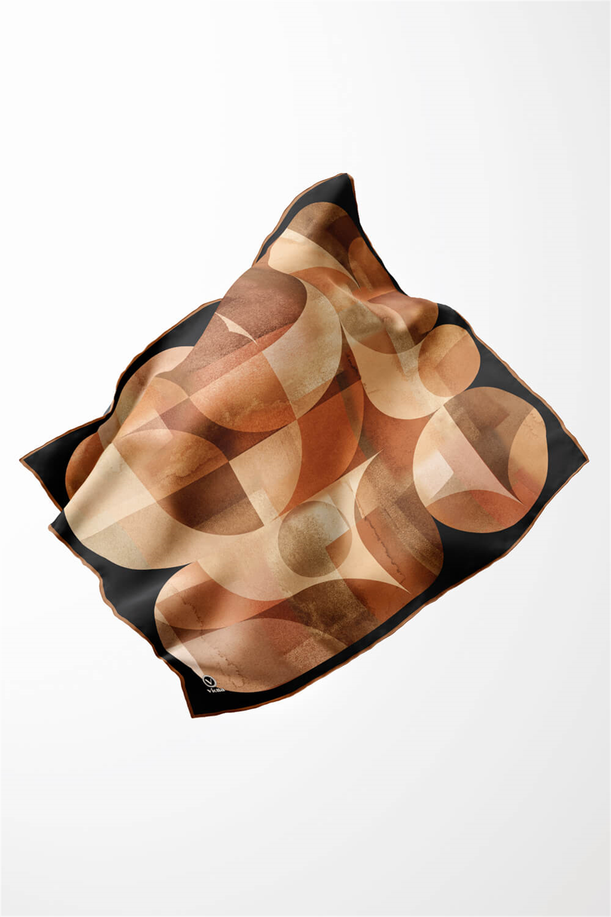 Twill Geometrik Desenli Taba Renkli 90x90 Eşarp (İpek İçermez)Kenar Dikiş Şekli El Dikişli