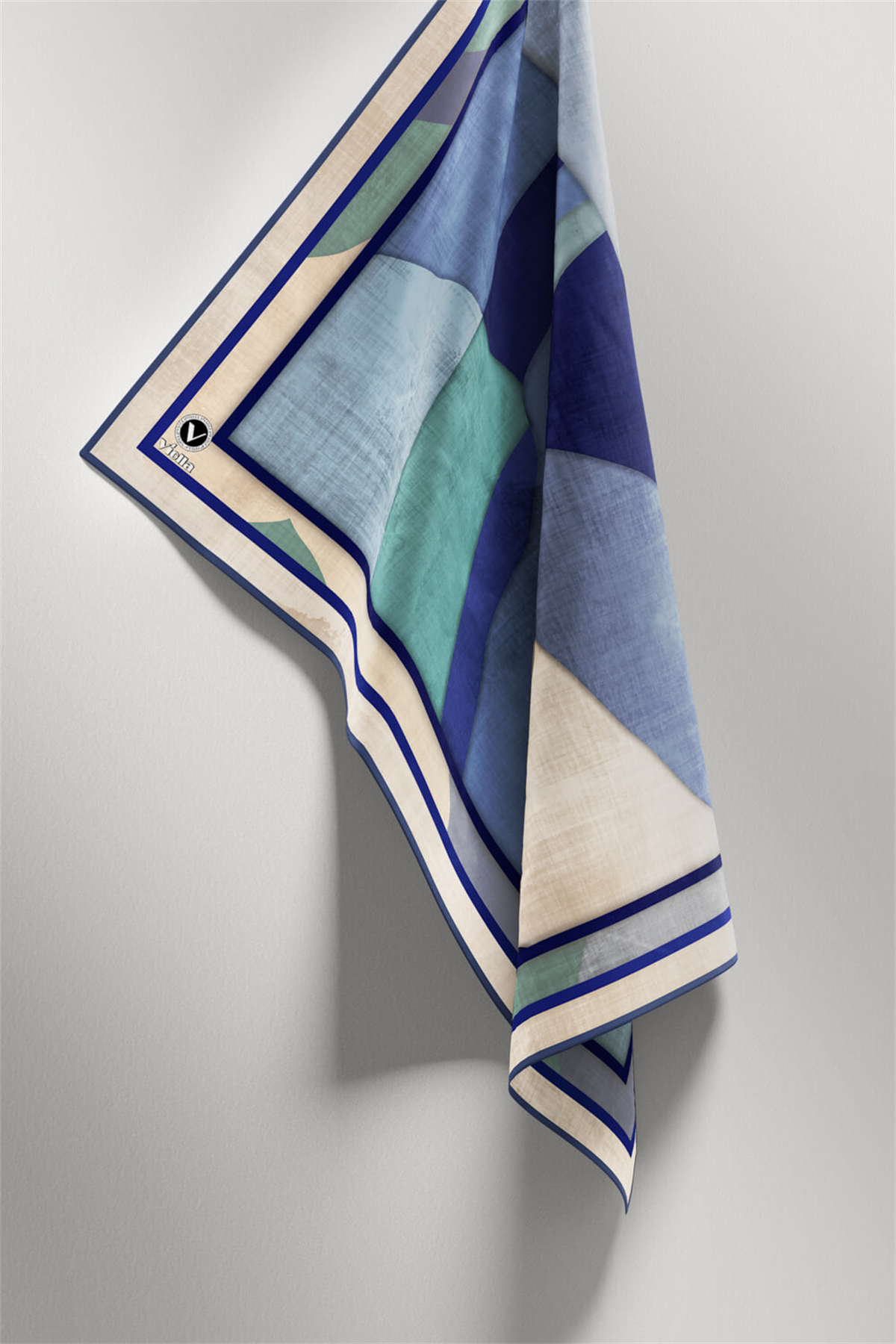 Twill Geometrik Desenli İndigo Renkli 90x90 Eşarp (İpek İçermez) Kenar Dikiş Şekli El Dikişli