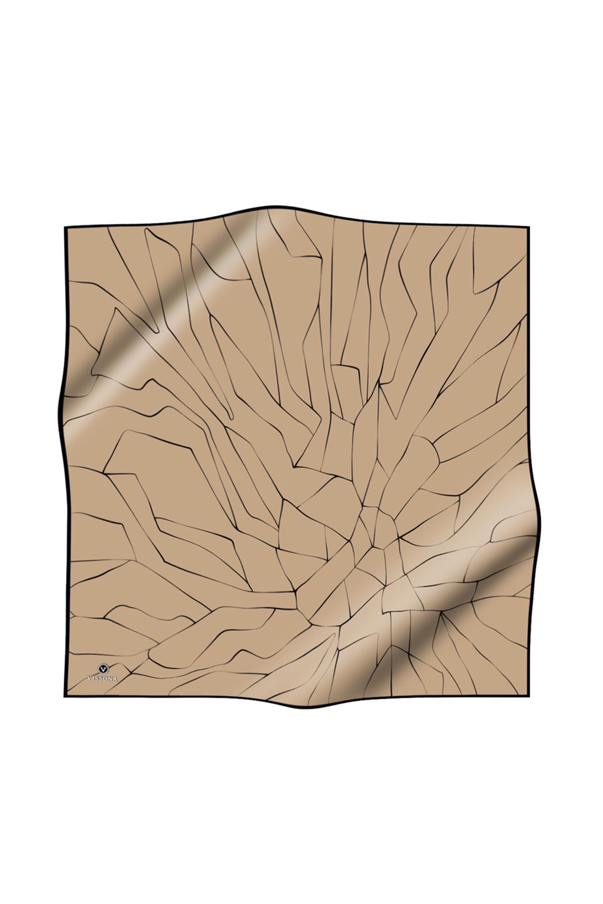 %100 Twill İpek Çizgi Desenli Bej - Siyah Renkli 90x90 Eşarp Dikim Şekli : El Dikişi