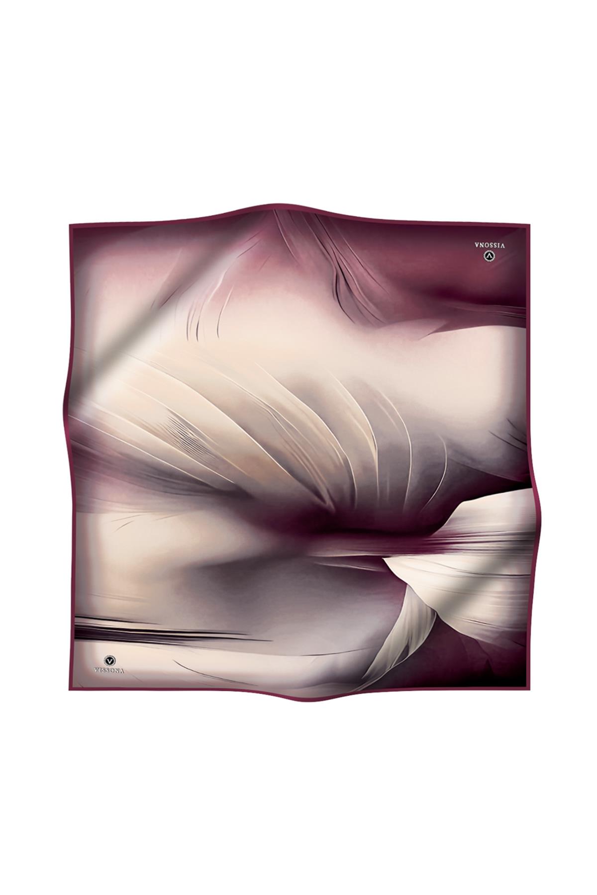 %100 Twill İpek Duman Desenli Bej - Şarabi Renkli 90x90 Eşarp Dikim Şekli : El Dikişi