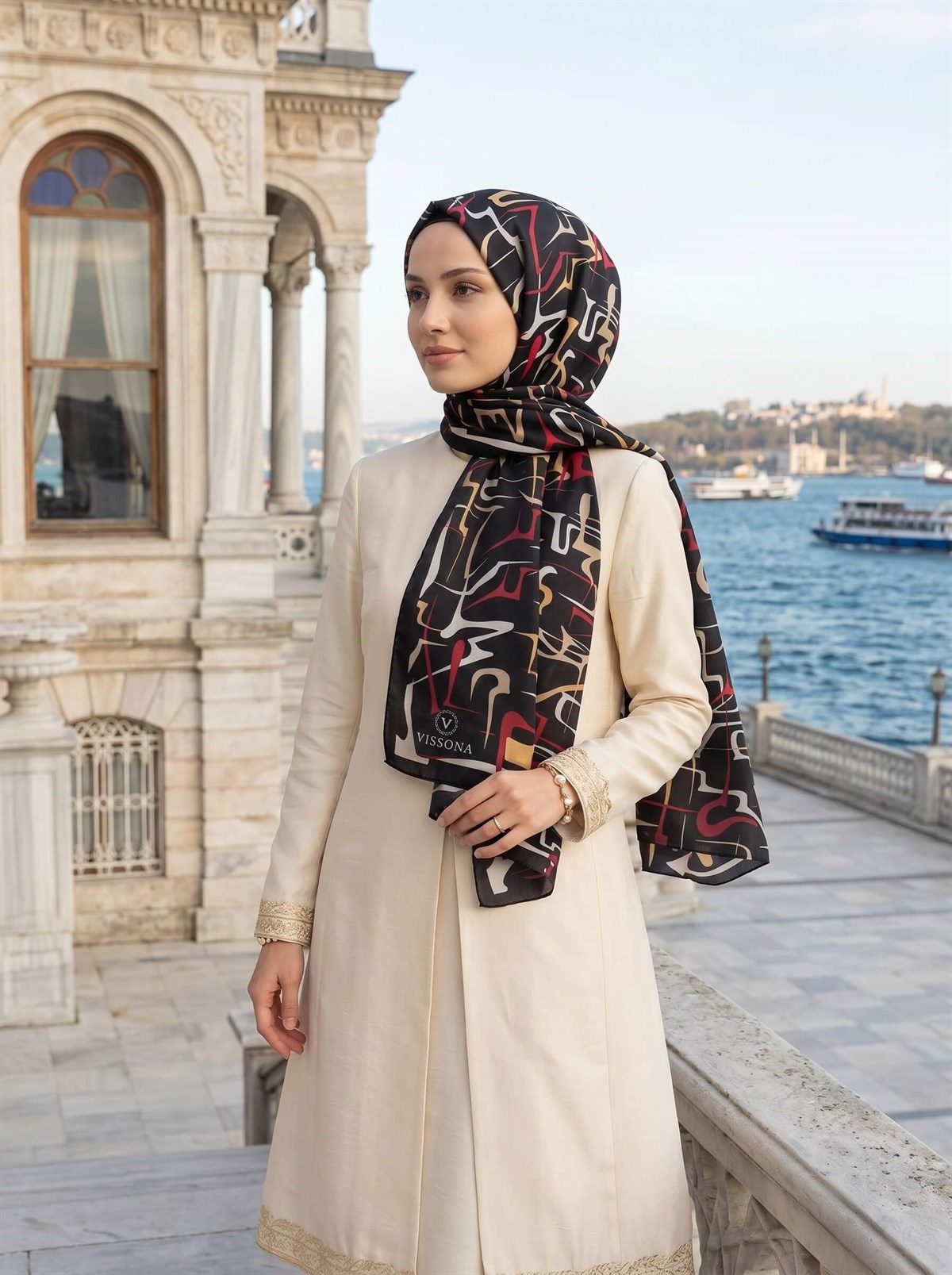 %100 Saf İpek Şal İnce Saten Vual Dokuma Çizgili Desenli Siyah - Bordo Renkli 90x210 Şal