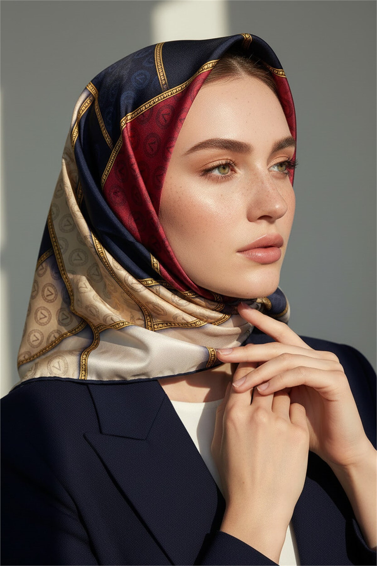 %100 Twill İpek Geometrik Desenli Lacivert - Kırmızı Renkli 90x90 Eşarp Dikim Şekli : El Dikişi