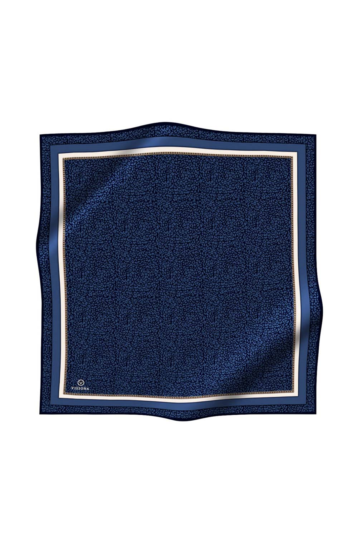 % 57 İPEK % 43 VİSKON Twill İpek Leopar Desenli Lacivert - İndigo Renkli 90x90 Eşarp Dikim Şekli : El Dikişi