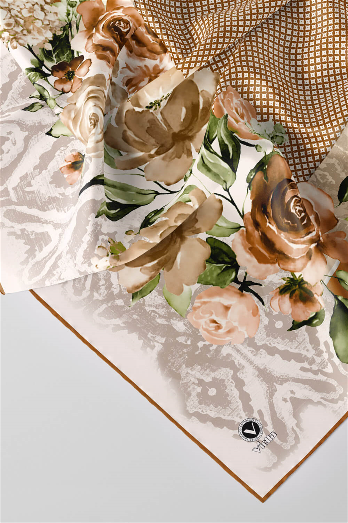 Twill Çiçek Desenli Hardal Renkli 90x90 Eşarp (İpek İçermez) Kenar Dikiş Şekli El Dikişli