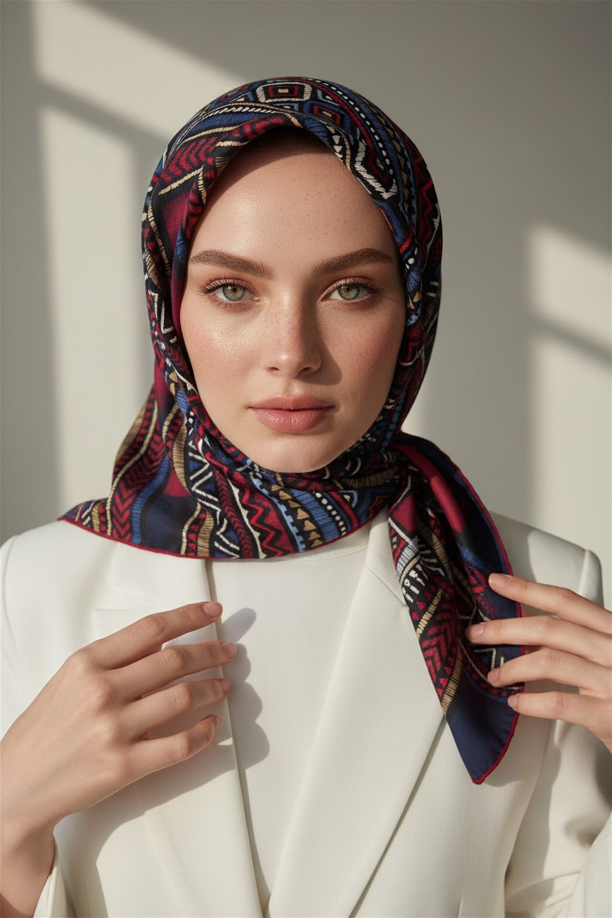%100 Twill İpek Etnik Desenli Lacivert - Bordo  Renkli 90x90 Eşarp Dikim Şekli : El Dikişi