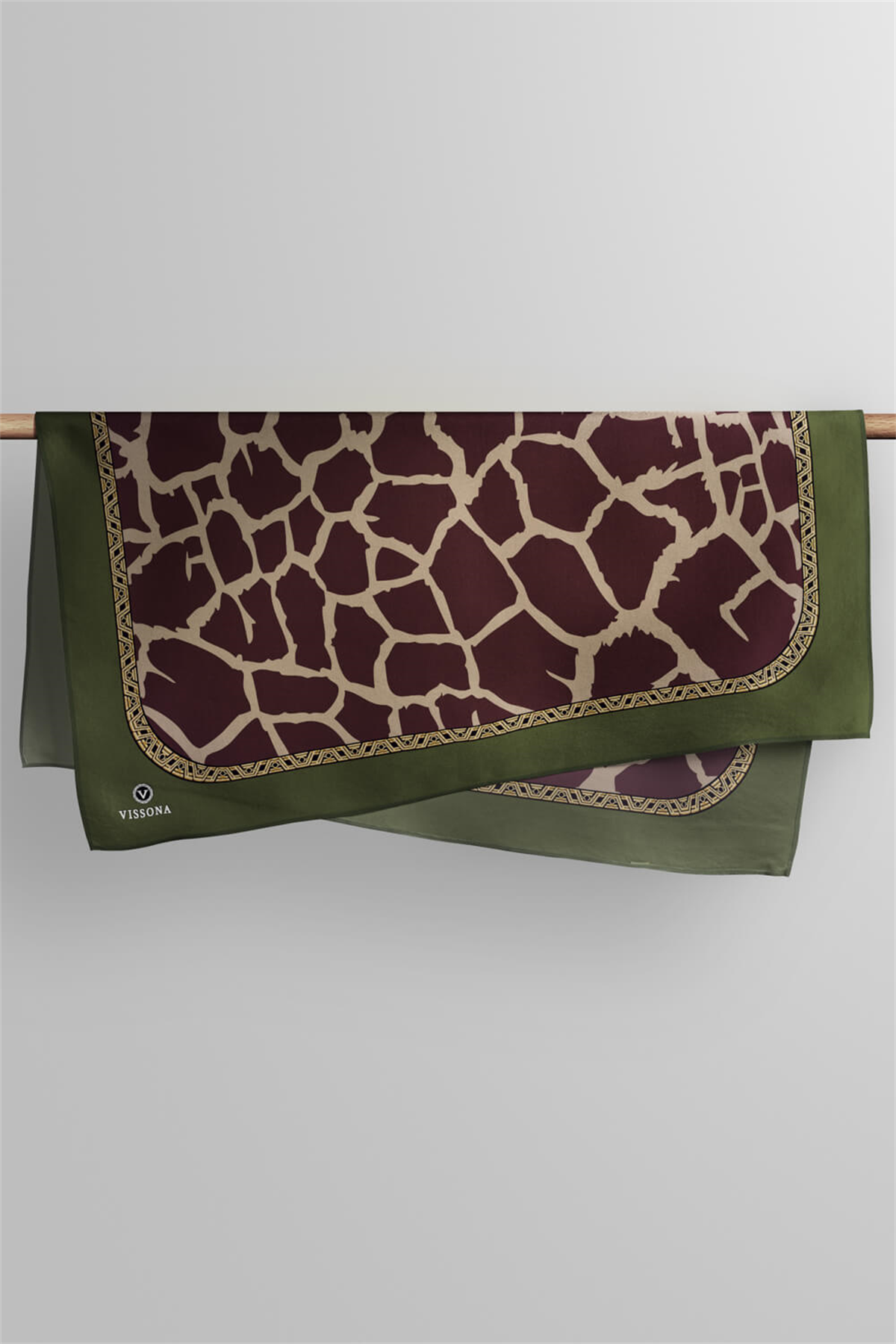 %100 Twill Taş Desenli Bej - Haki Renkli 90x90 Eşarp Dikim Şekli: El Dikişi