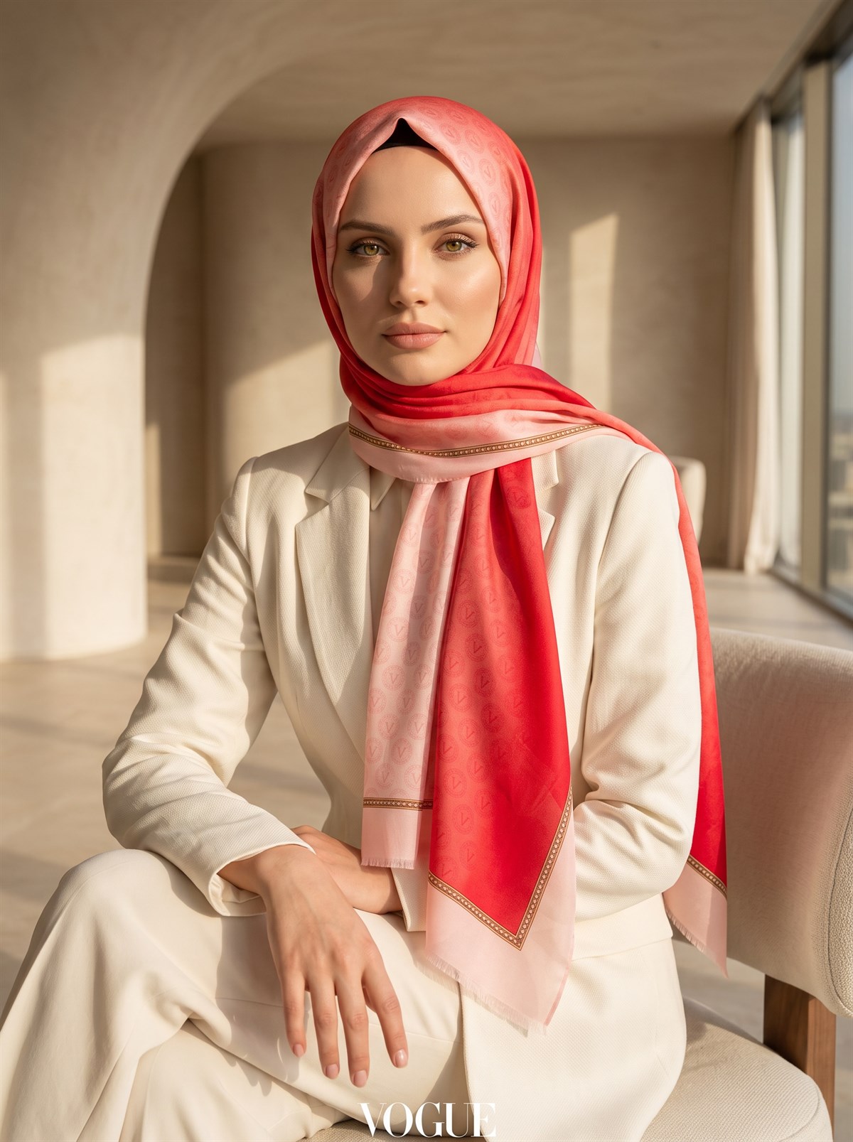 %100 Saf İpek Şal İnce Saten Vual Dokuma Degradeli Ve Monogram Desenli Pudra - Gold Renkli 90x210 Şal