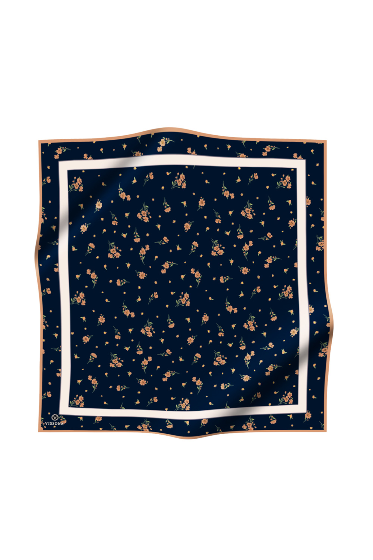 % 57 İPEK % 43 VİSKON Twill İpek Çıtır Çiçek Desenli Lacivert - Gold Renkli 90x90 Eşarp Dikim Şekli : El Dikişi