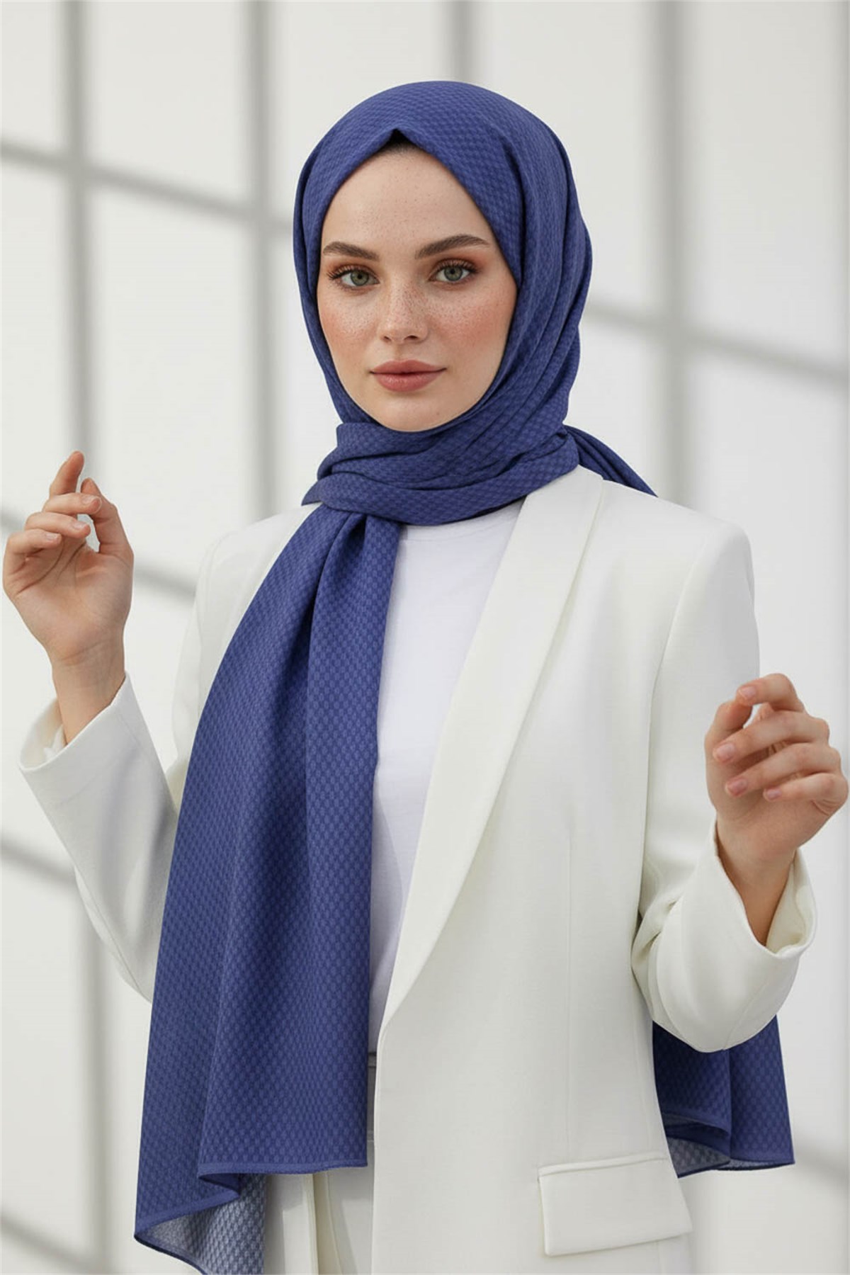 KREP HASIR DESENLİ İNDİGO RENKLİ 75X195 KIRIŞMAZ ŞAL