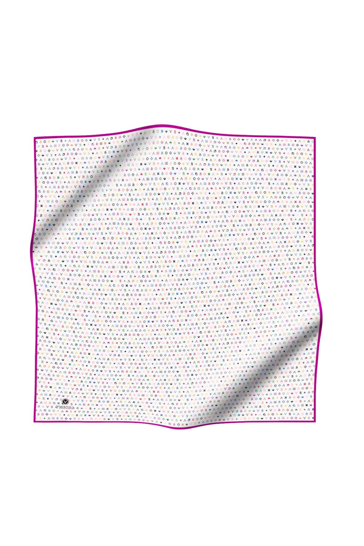 %100 Twill İpek Çıtır Motif Desenli Krem - Fuşya Renkli 90x90 Eşarp Dikim Şekli : El Dikişi