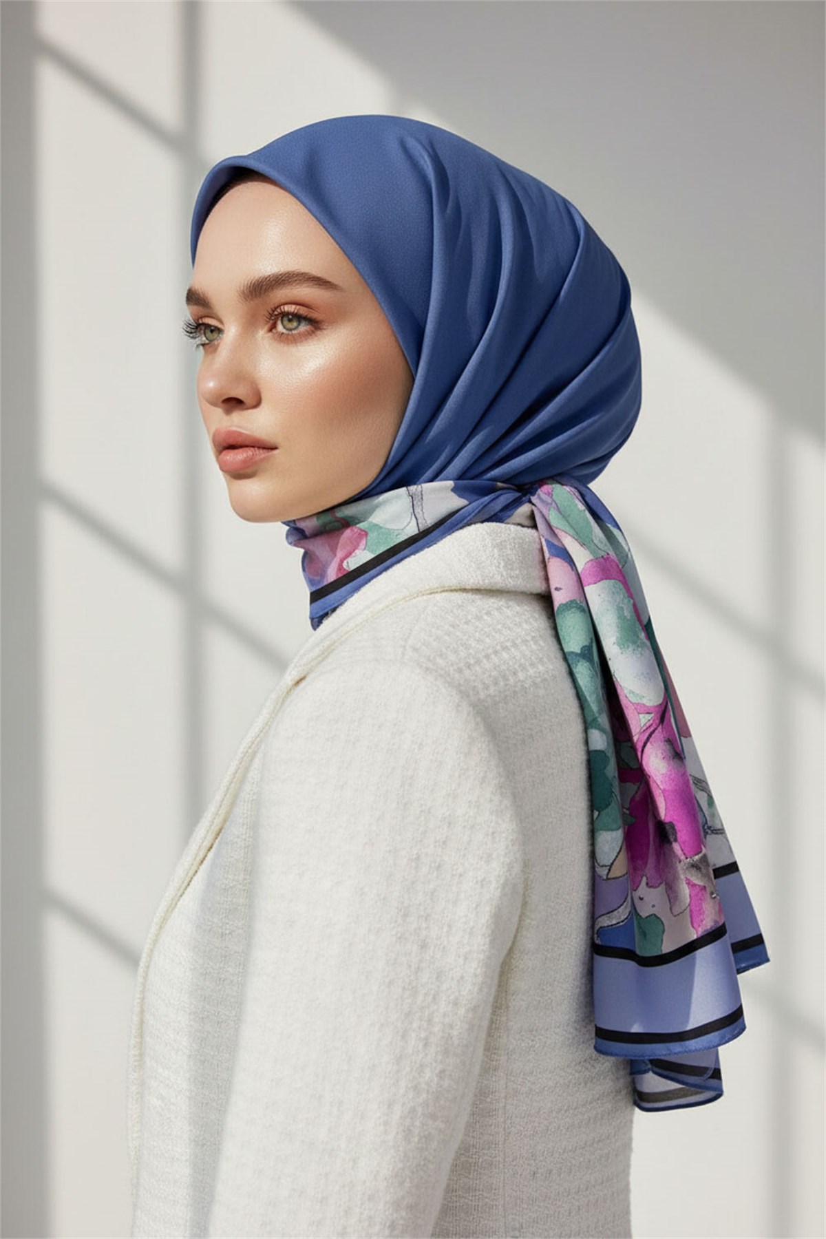KREP ÇİÇEK DESENLİ İNDİGO - MÜRDÜM RENKLİ 75X195 KIRIŞMAZ ŞAL