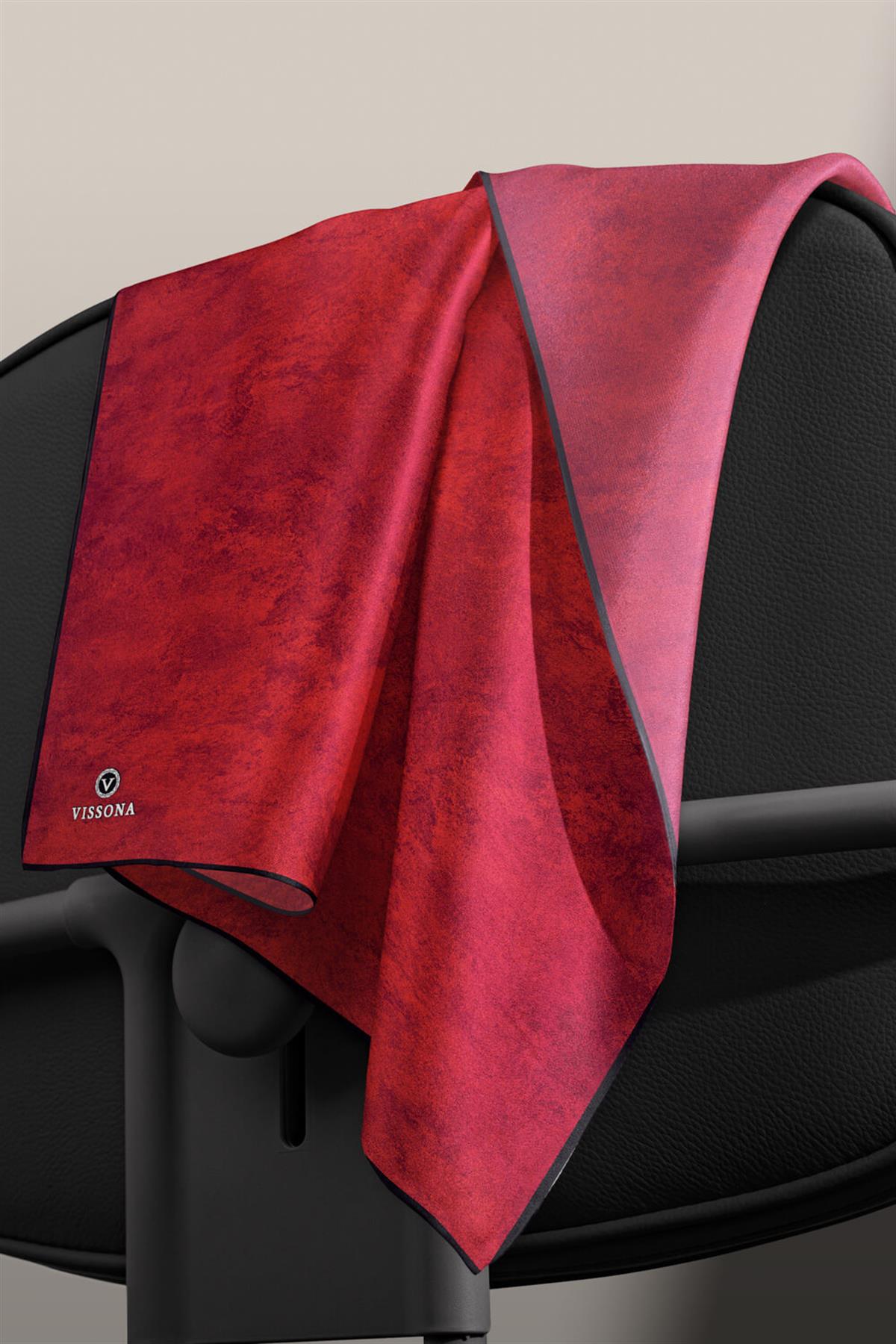 %100 Twill İpek Doku Desenli Kırmızı Renkli 90x90 Eşarp Dikim Şekli : El Dikişi