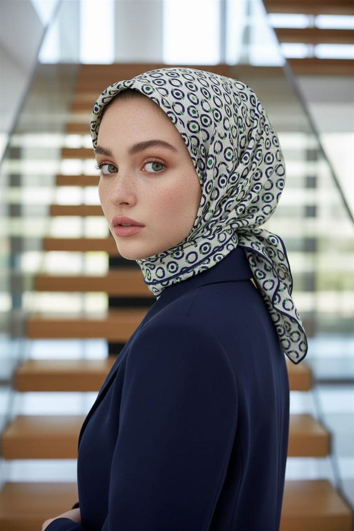 %100 Twill İpek Zincir Desenli Krem - Lacivert Renkli 90x90 Eşarp Kenar Dikiş Şekli El Dikişli